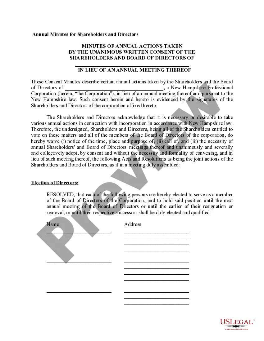 Preview Sample Annual Minutes for a New Hampshire Professional Corporation