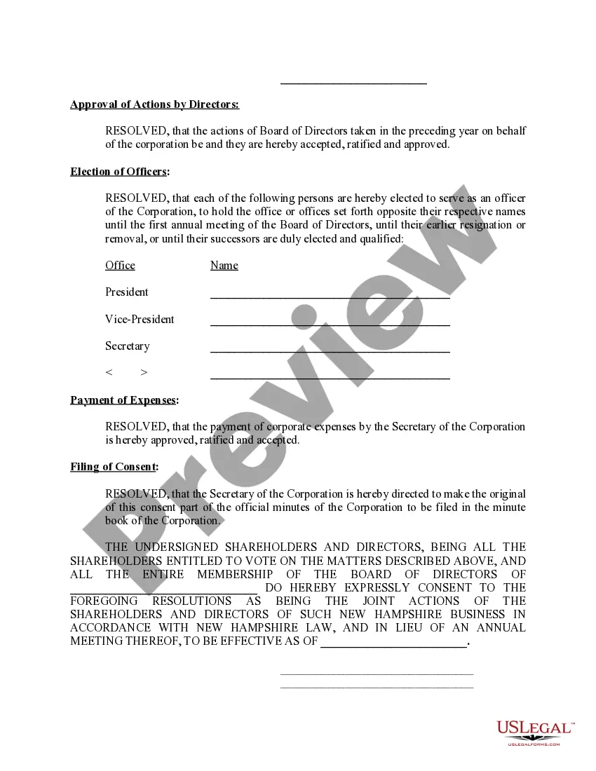 Preview Sample Annual Minutes for a New Hampshire Professional Corporation