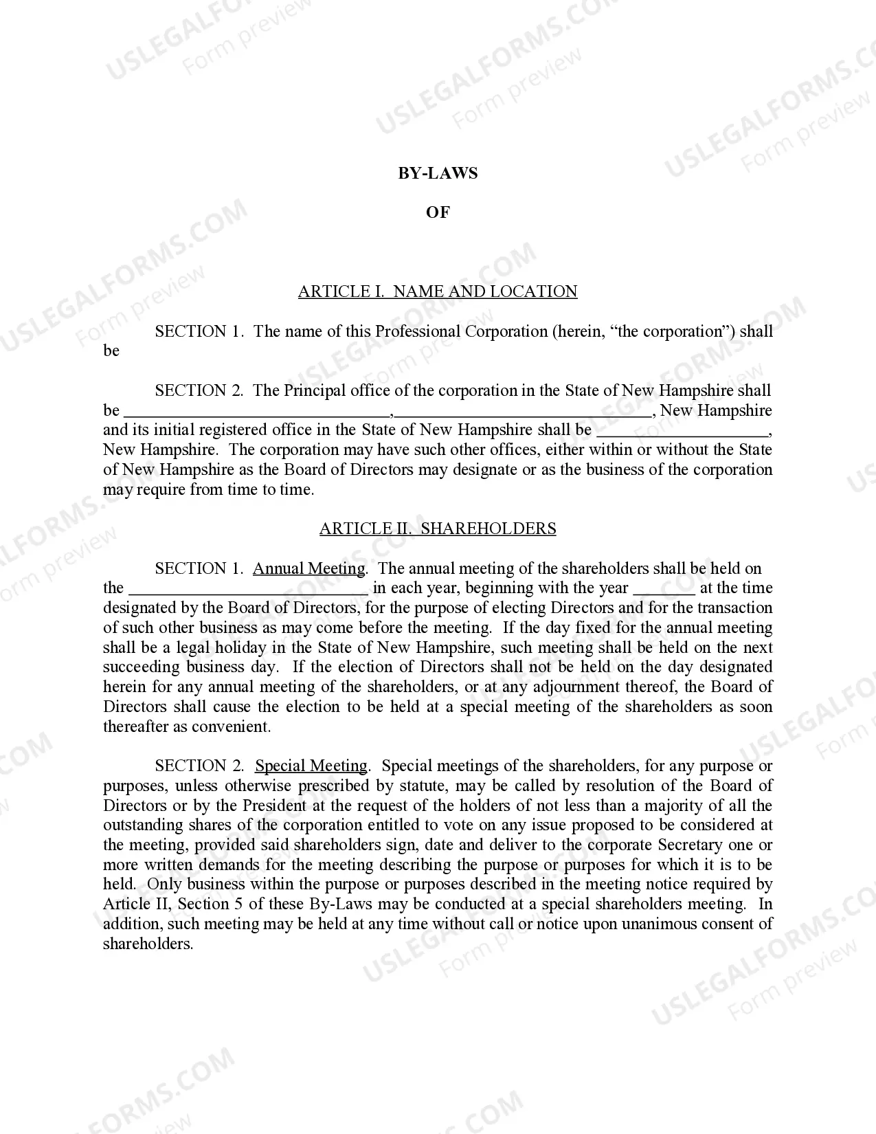 Preview Sample Bylaws for a New Hampshire Professional Corporation
