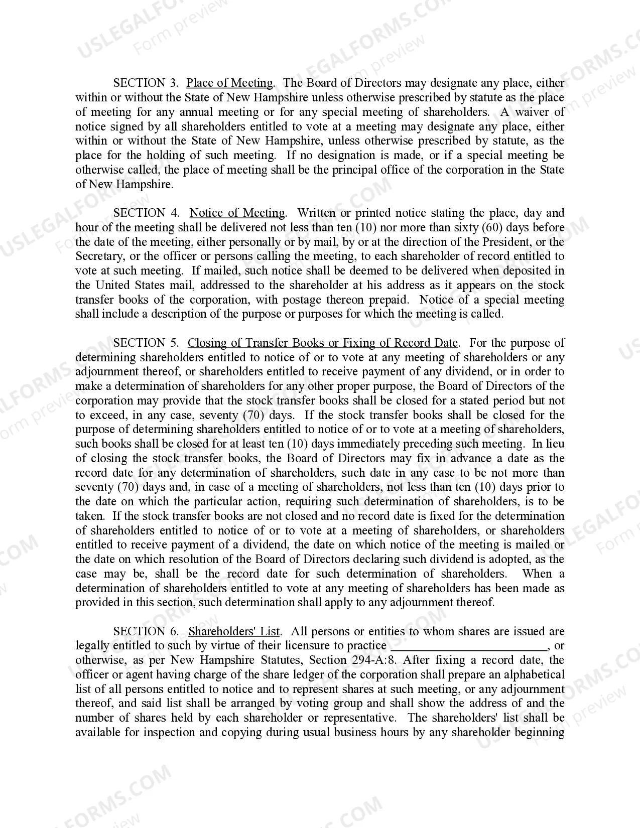 Preview Sample Bylaws for a New Hampshire Professional Corporation