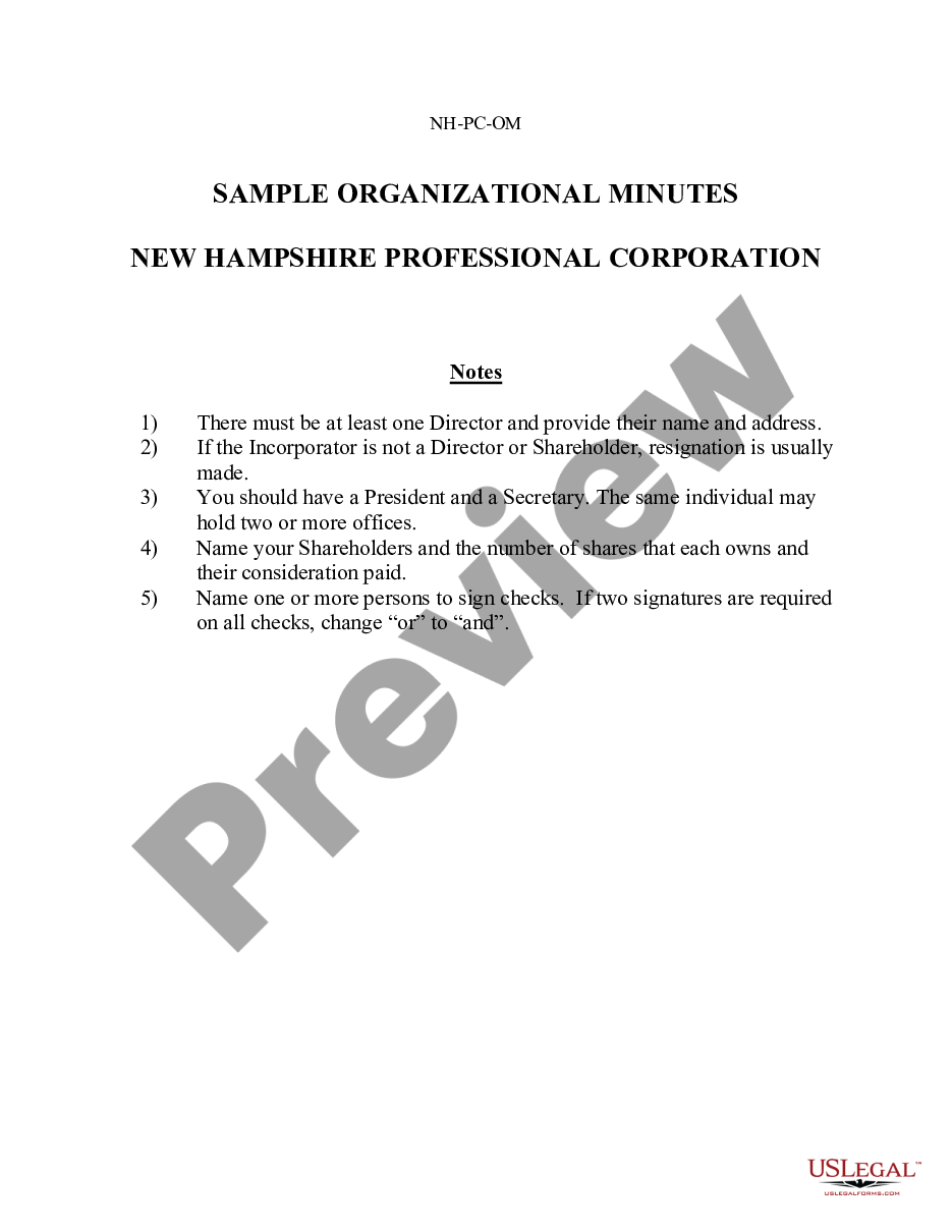 page 0 Sample Organizational Minutes for a New Hampshire Professional Corporation preview