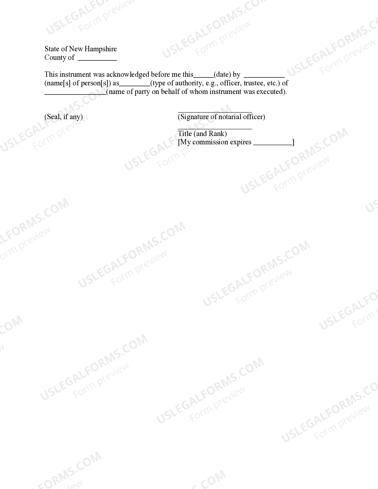 New Hampshire Acknowledgment for Person Signing in Representative