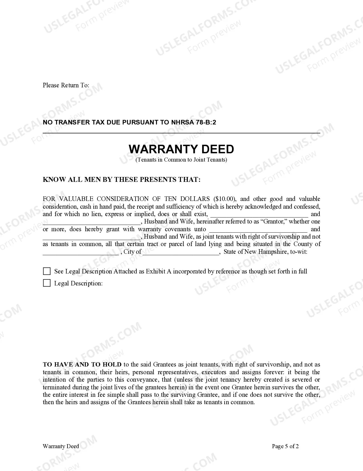 Preview Warranty Deed for Husband and Wife Converting Property from Tenants in Common to Joint Tenancy