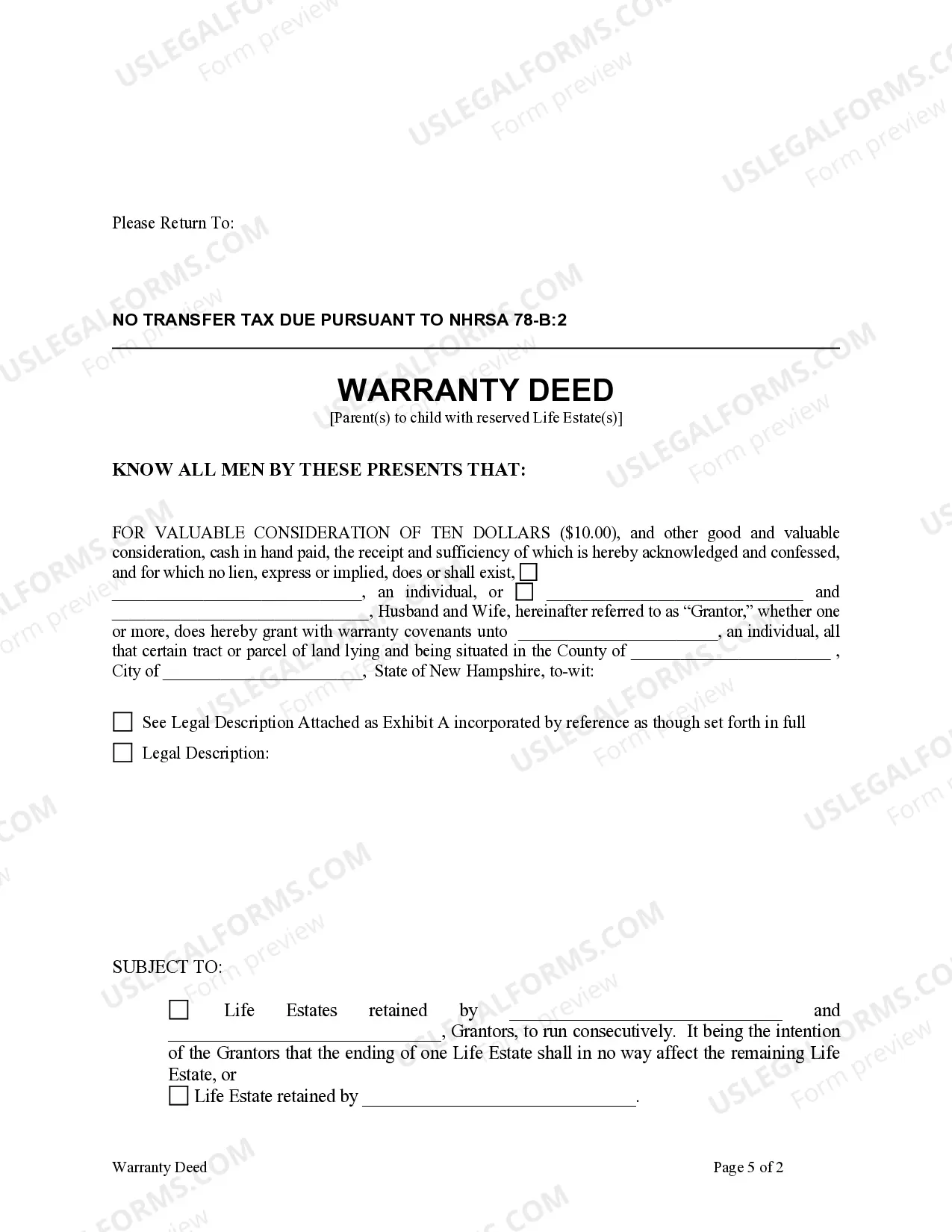 Preview Warranty Deed for Parents to Child with Reservation of Life Estate