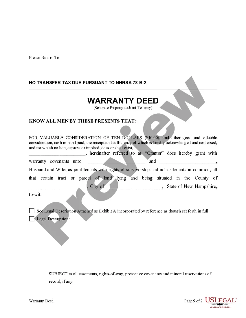 Preview Warranty Deed to Separate Property of One Spouse to Both Spouses as Joint Tenants