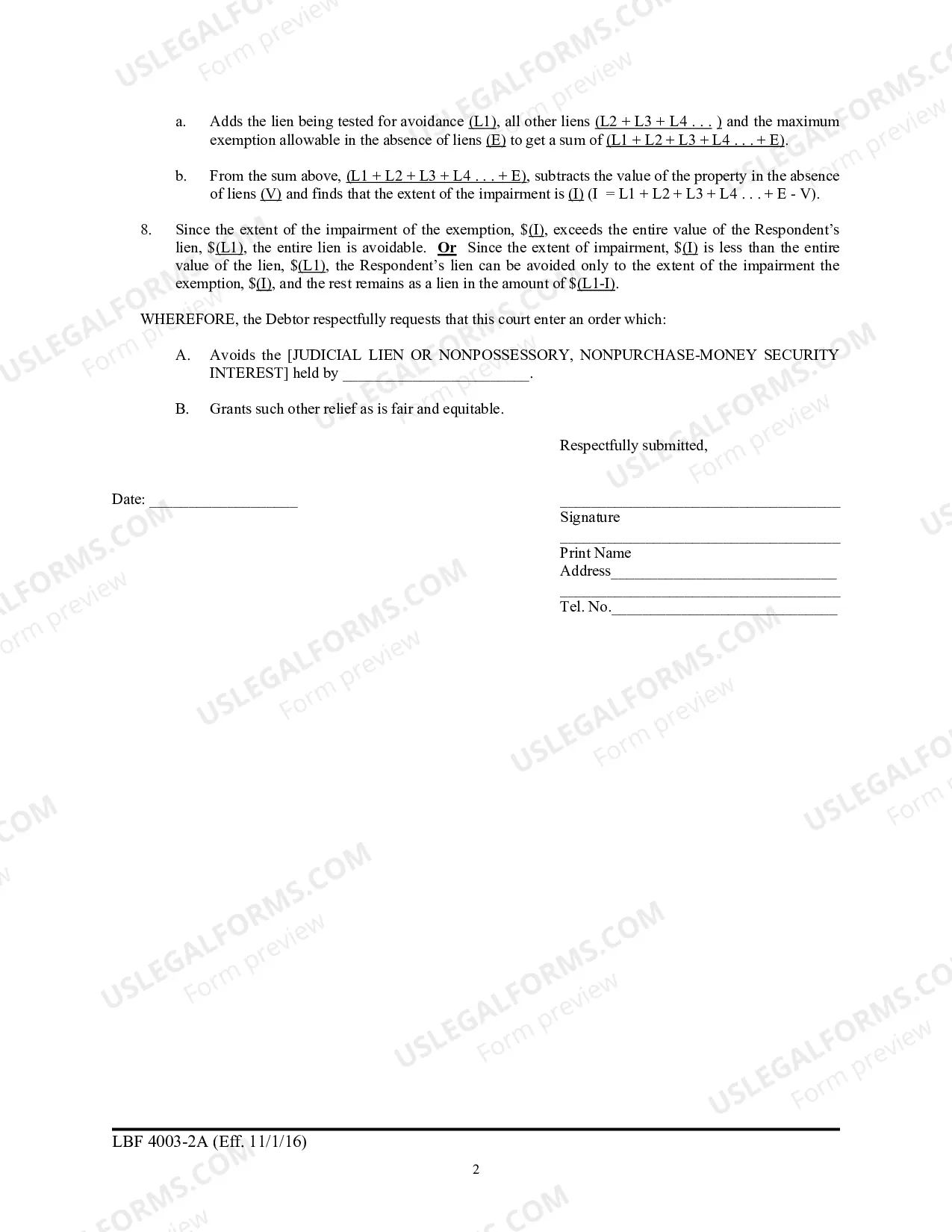 Preview LBF 4003-2A Motion to Avoid Lien Pursuant to 11 U.S.C. Sec. 522(f)(2)