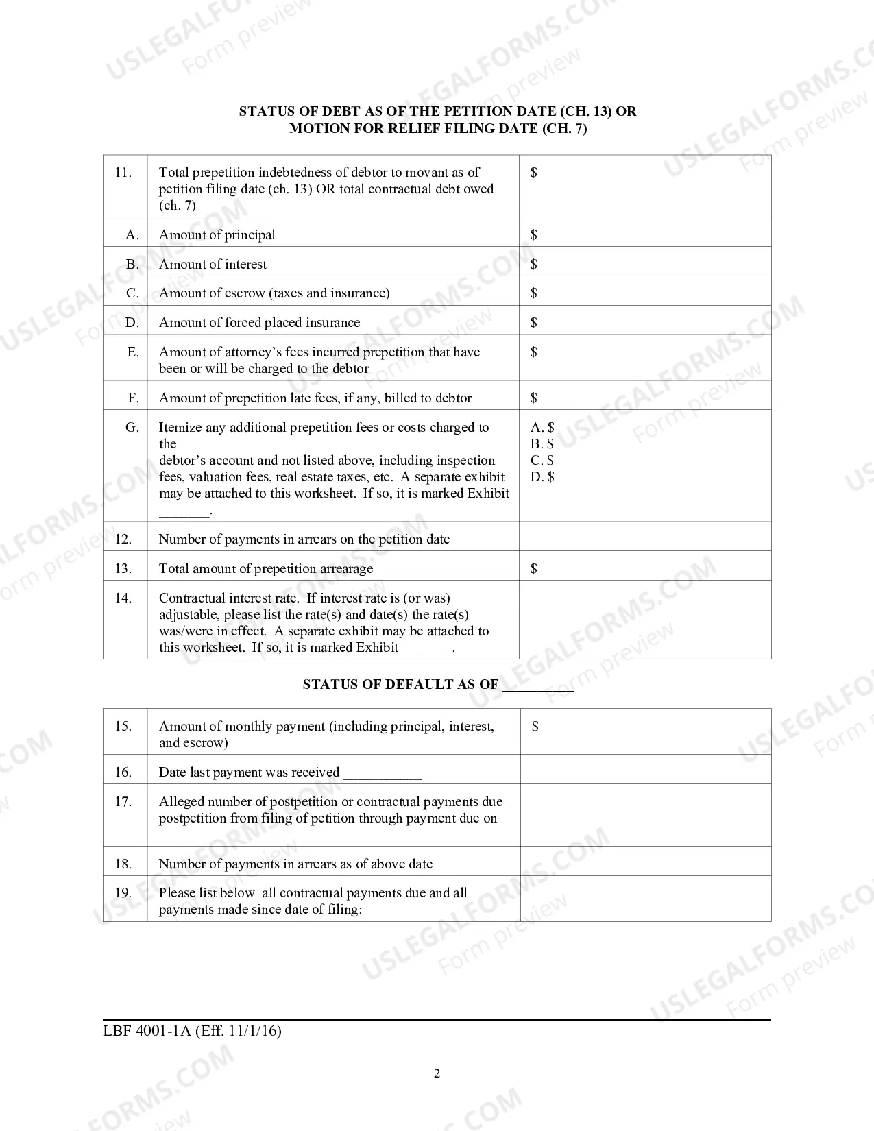 Preview LBF 4001-1A Worksheet Completed by the Mortgagee/Servicer in Support of Motion for Relief from Stay Involving Residential Real Property