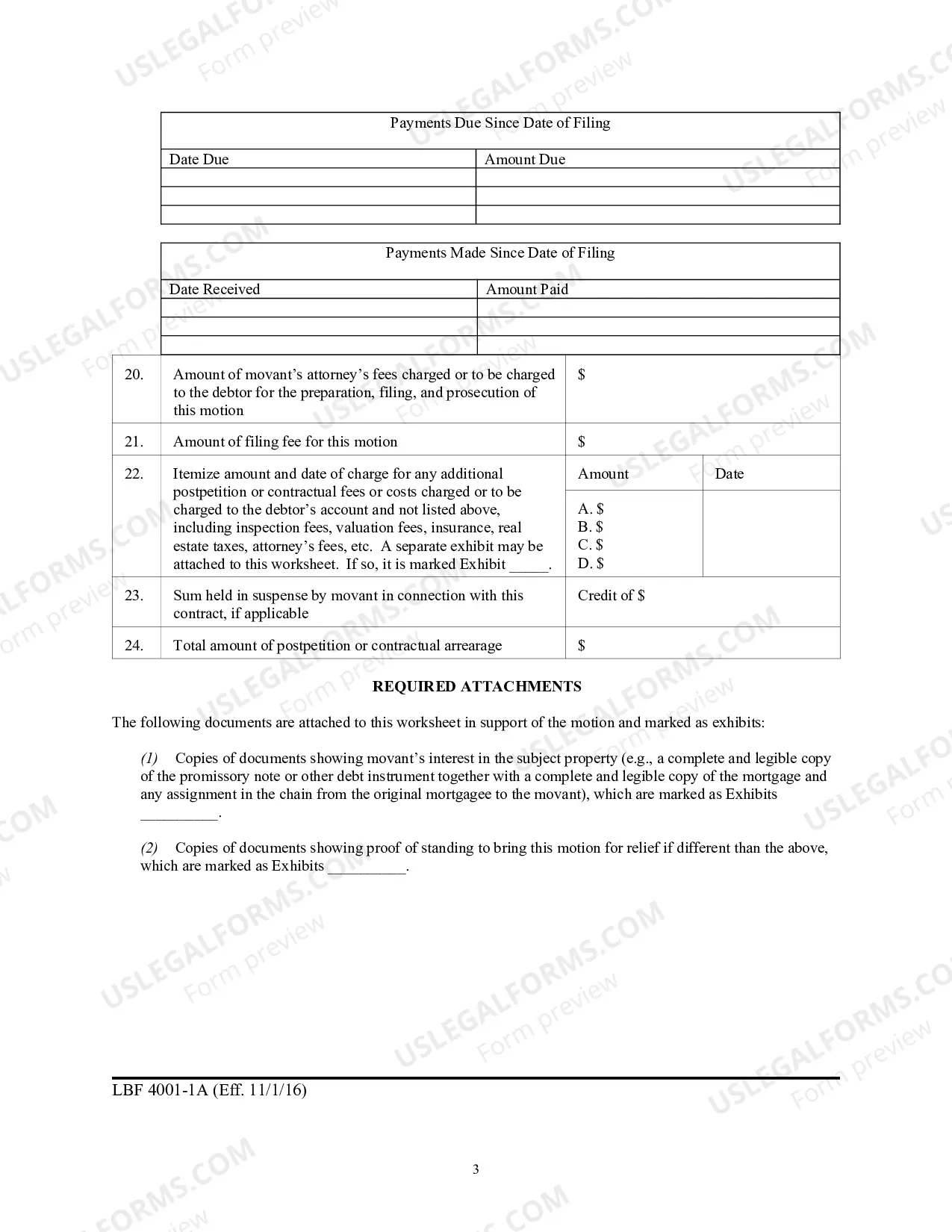 Preview LBF 4001-1A Worksheet Completed by the Mortgagee/Servicer in Support of Motion for Relief from Stay Involving Residential Real Property