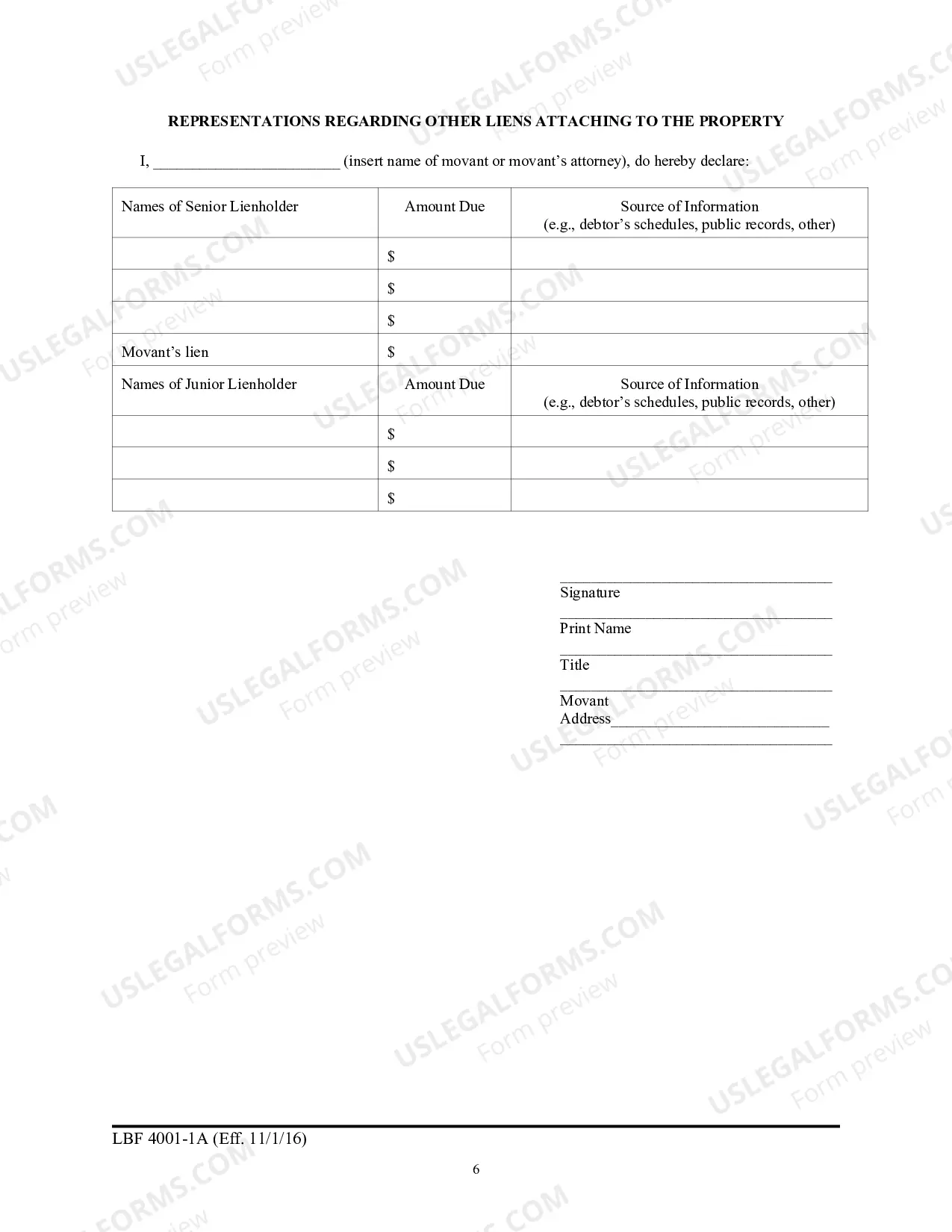 Preview LBF 4001-1A Worksheet Completed by the Mortgagee/Servicer in Support of Motion for Relief from Stay Involving Residential Real Property