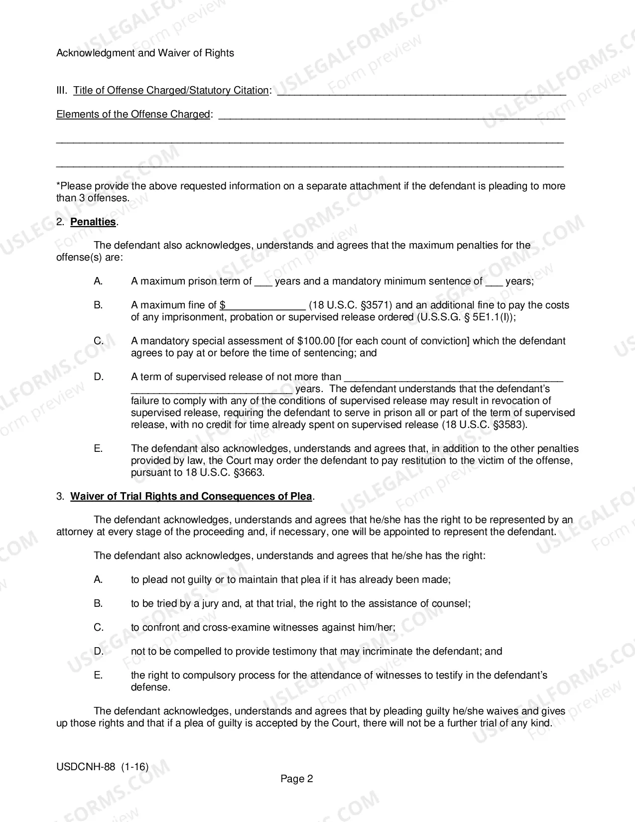 Preview Acknowledgment & Waiver for Non-Negotiated Plea