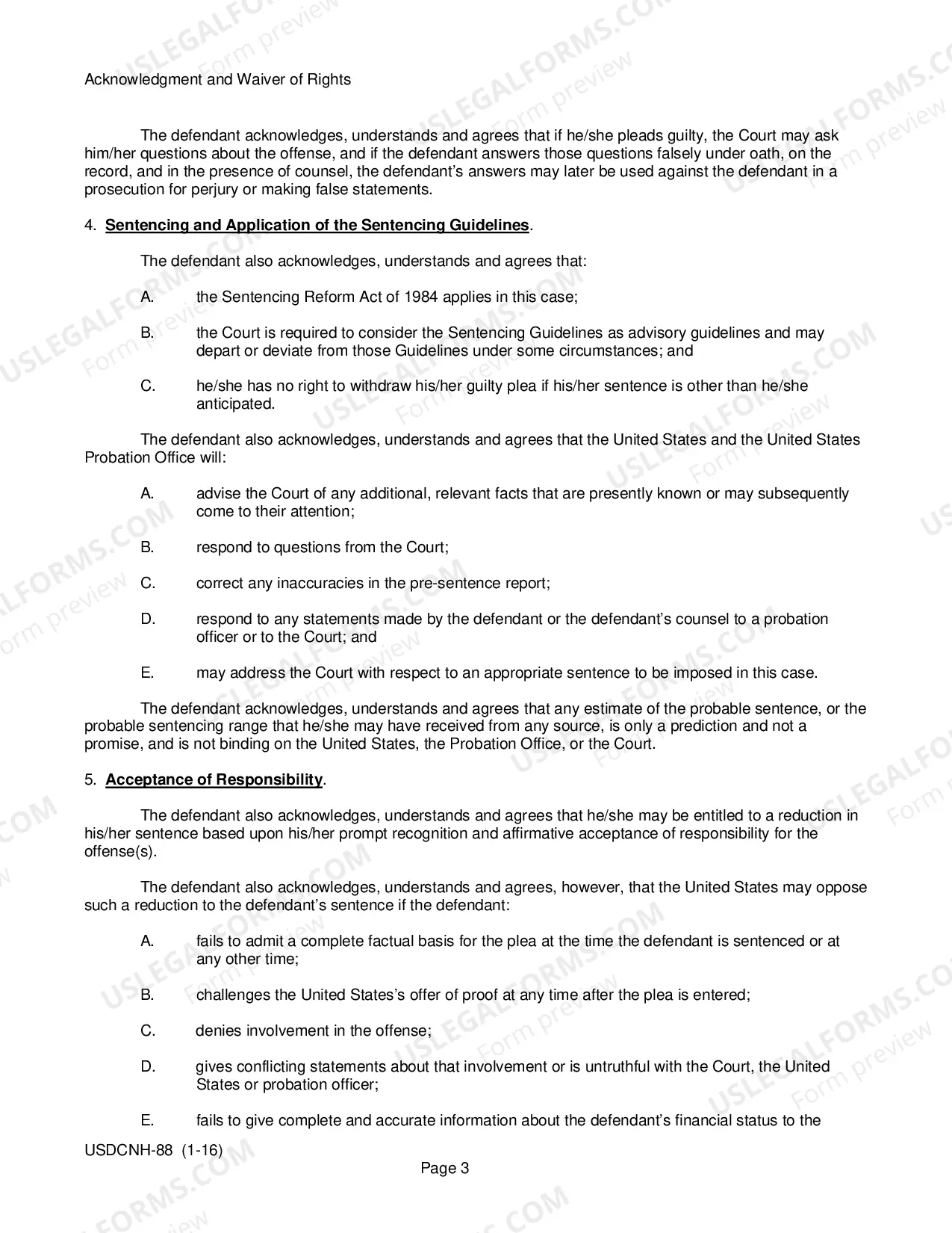 Preview Acknowledgment & Waiver for Non-Negotiated Plea