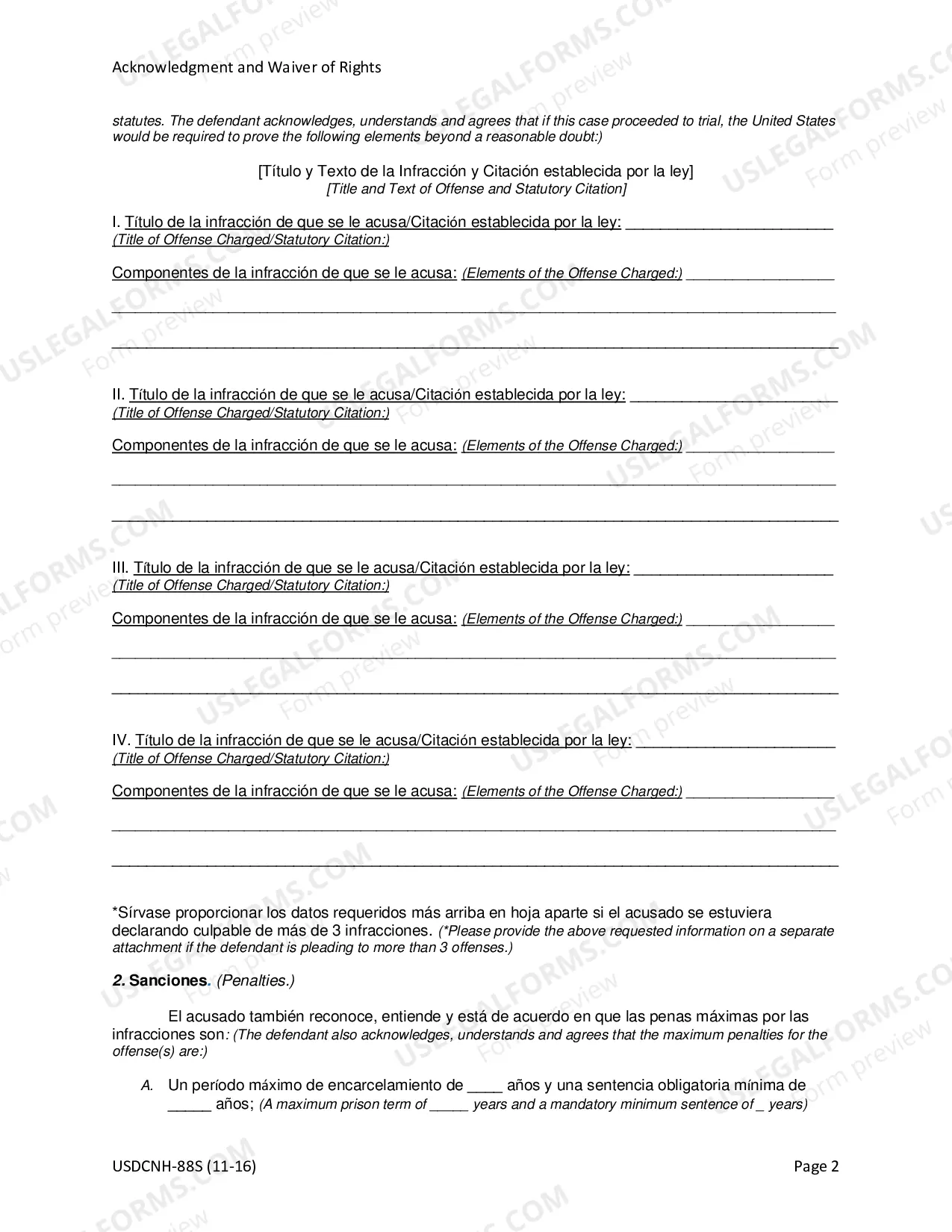 Preview Acknowledgment & Waiver for Non-Negotiated Plea (Spanish)
