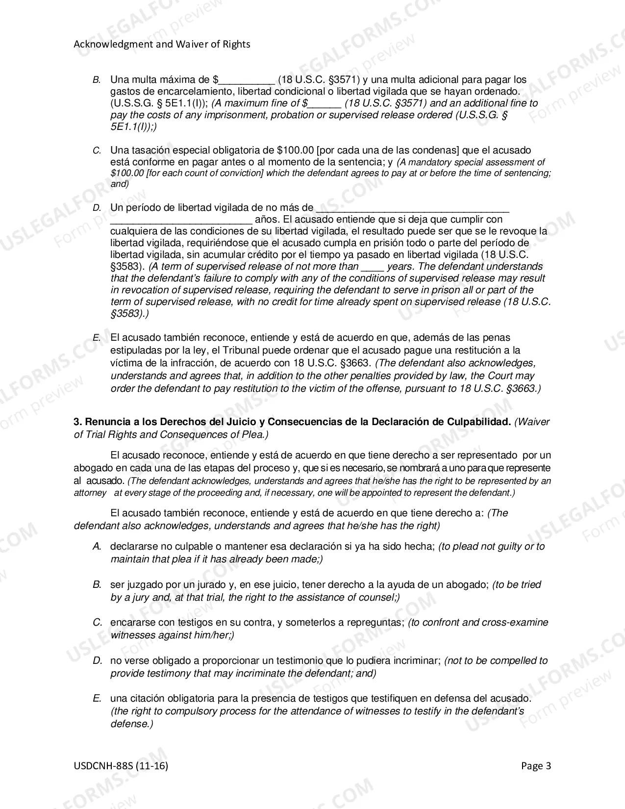 Preview Acknowledgment & Waiver for Non-Negotiated Plea (Spanish)