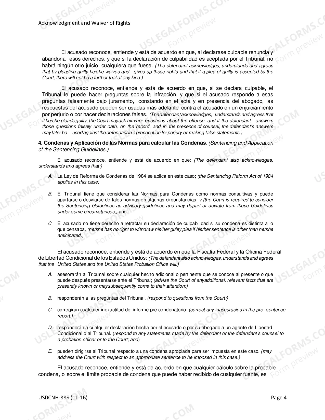 Preview Acknowledgment & Waiver for Non-Negotiated Plea (Spanish)