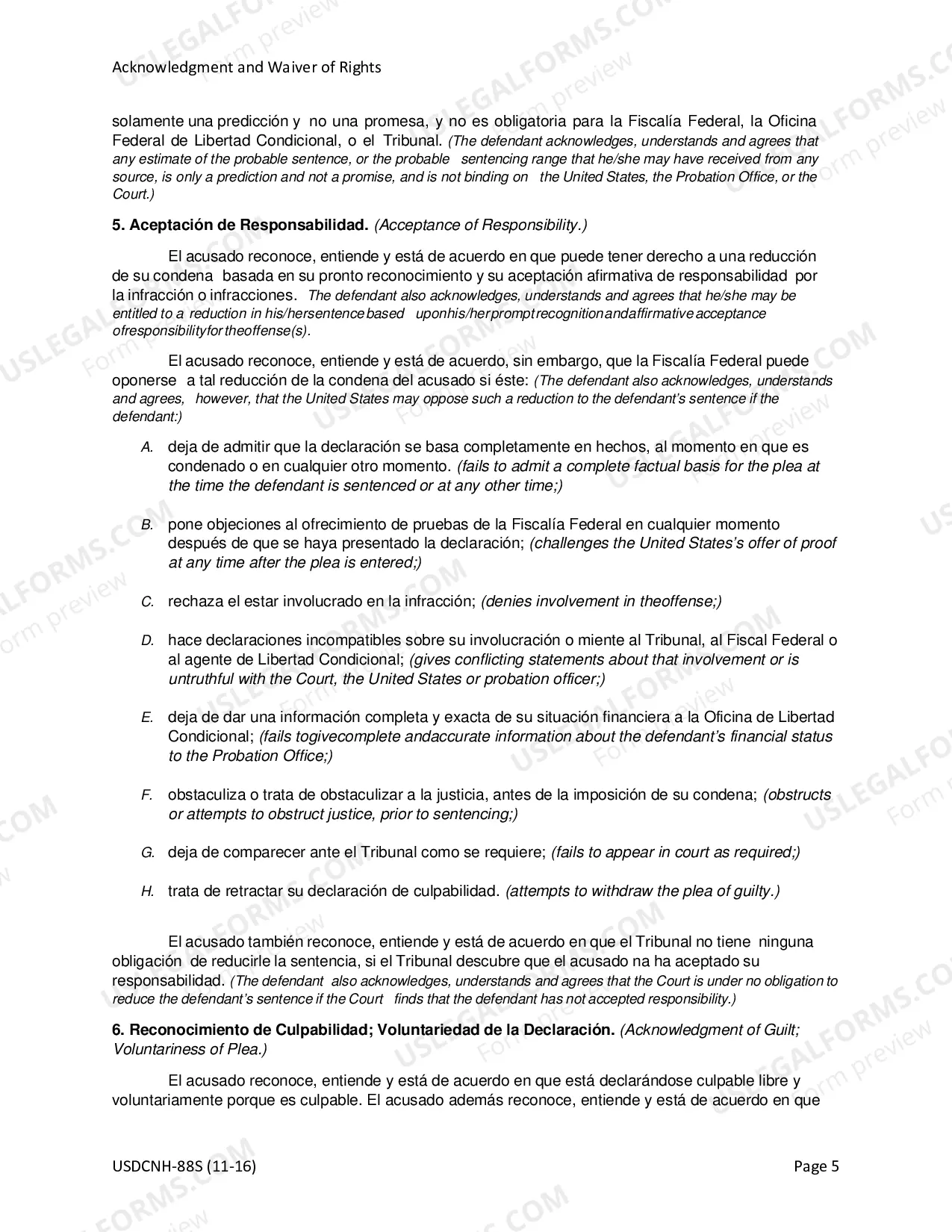 Preview Acknowledgment & Waiver for Non-Negotiated Plea (Spanish)