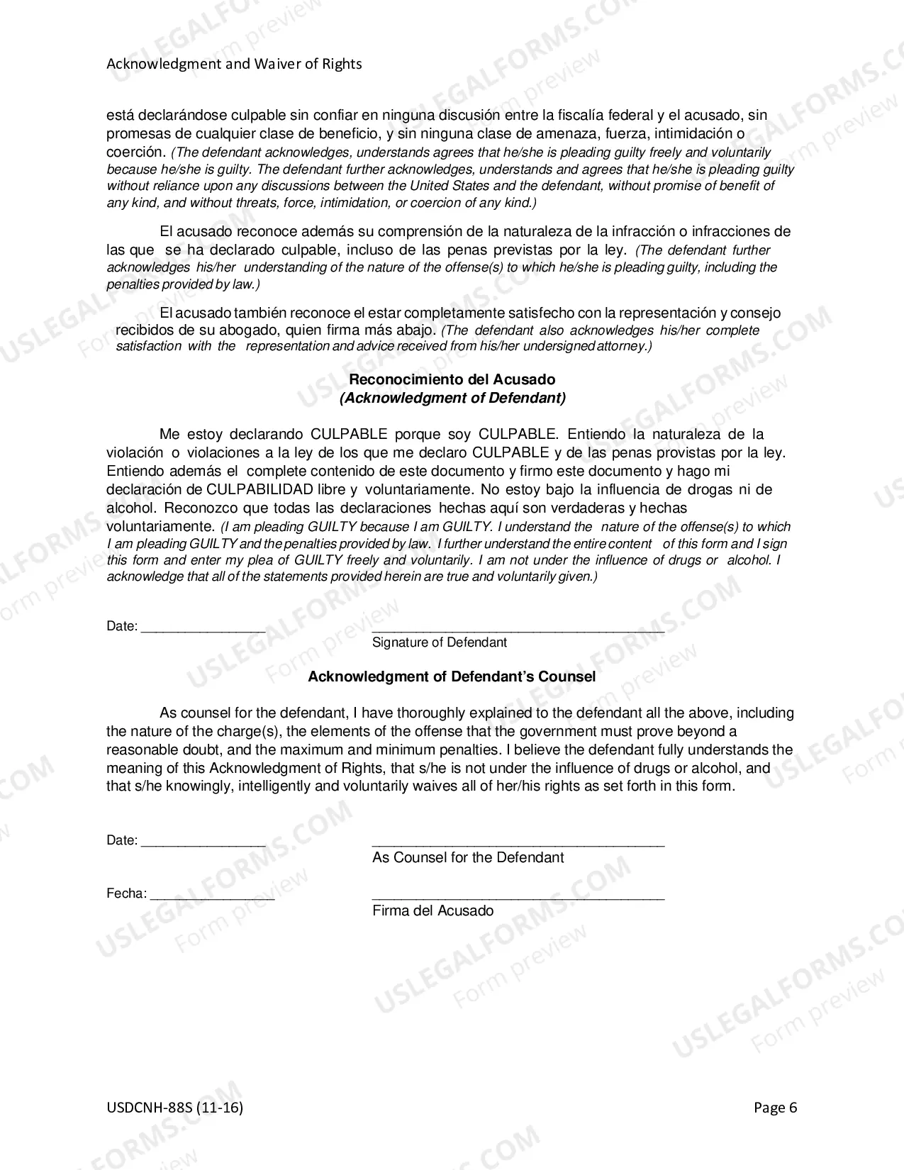 Preview Acknowledgment & Waiver for Non-Negotiated Plea (Spanish)