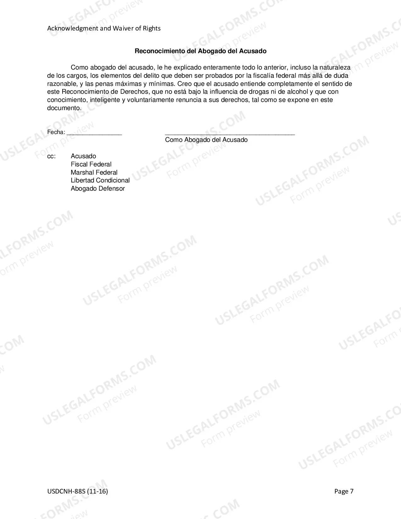 Preview Acknowledgment & Waiver for Non-Negotiated Plea (Spanish)