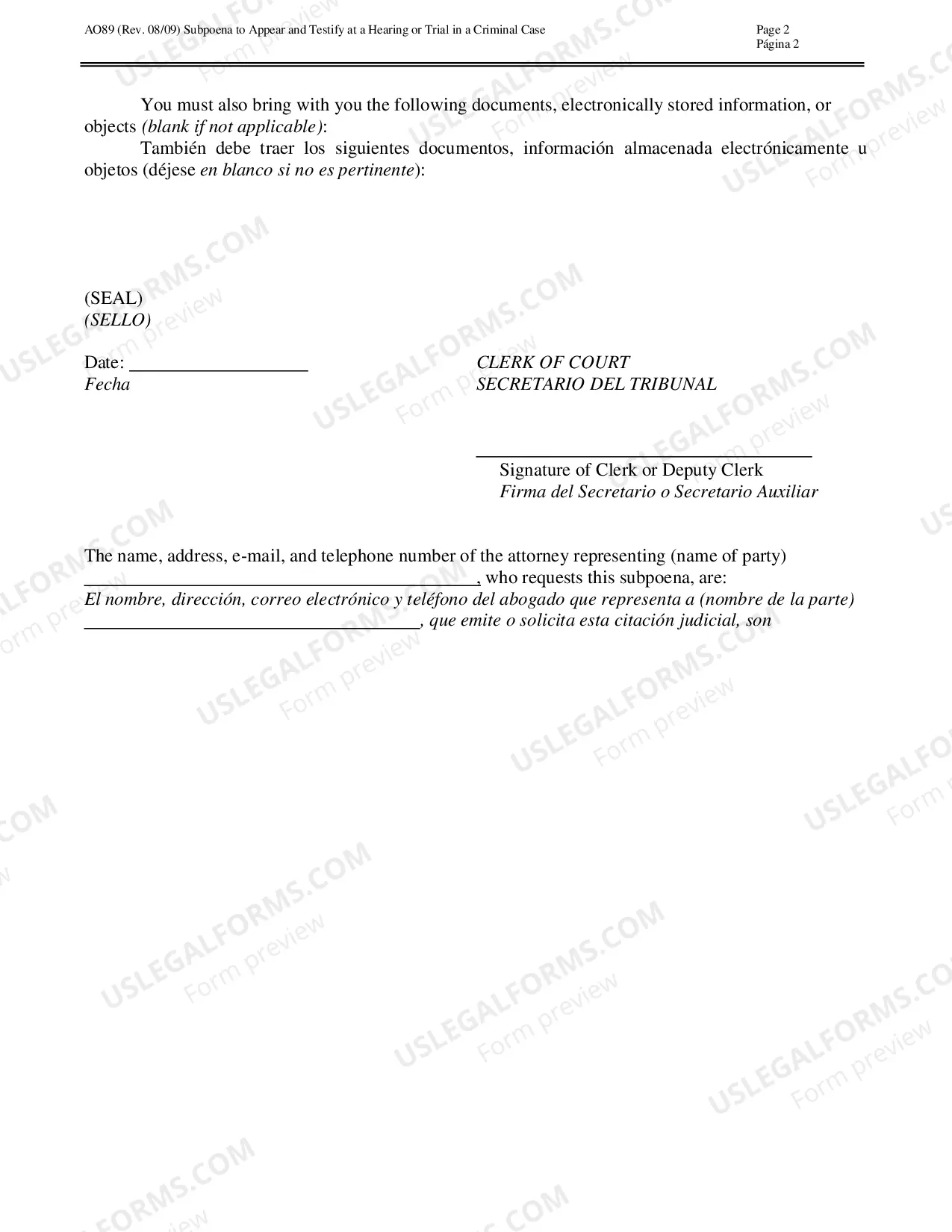 Preview Subpoena to Testify at Trial/Hearing (Spanish)
