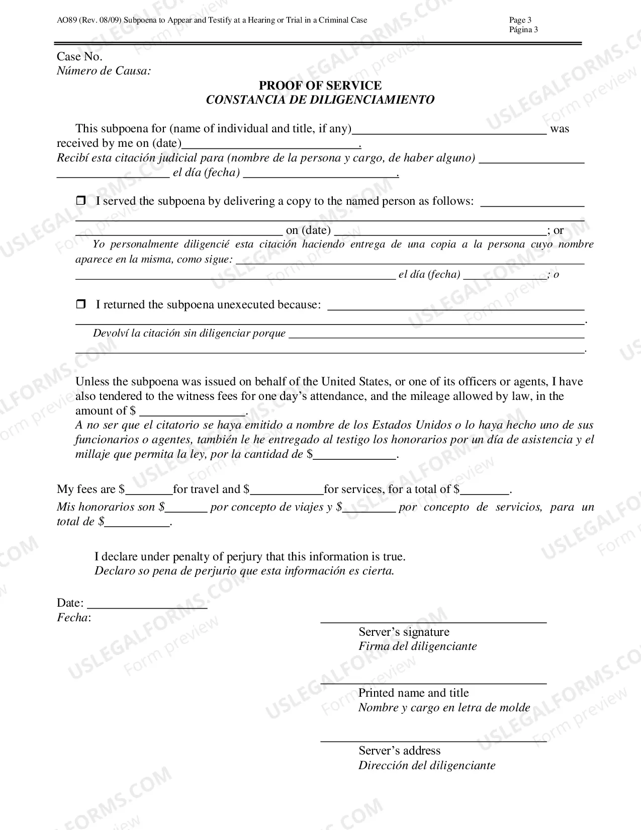Preview Subpoena to Testify at Trial/Hearing (Spanish)