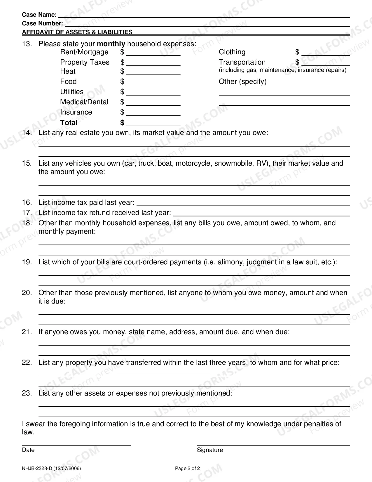 Preview Affidavit of Assets & Liabilities