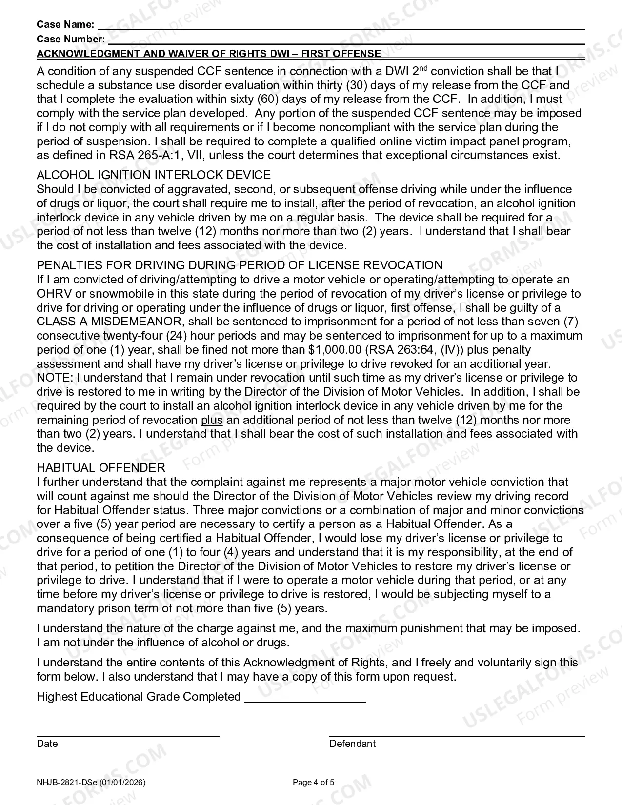 Preview Acknowledgment and Waiver of Rights - Class B Misdemeanor