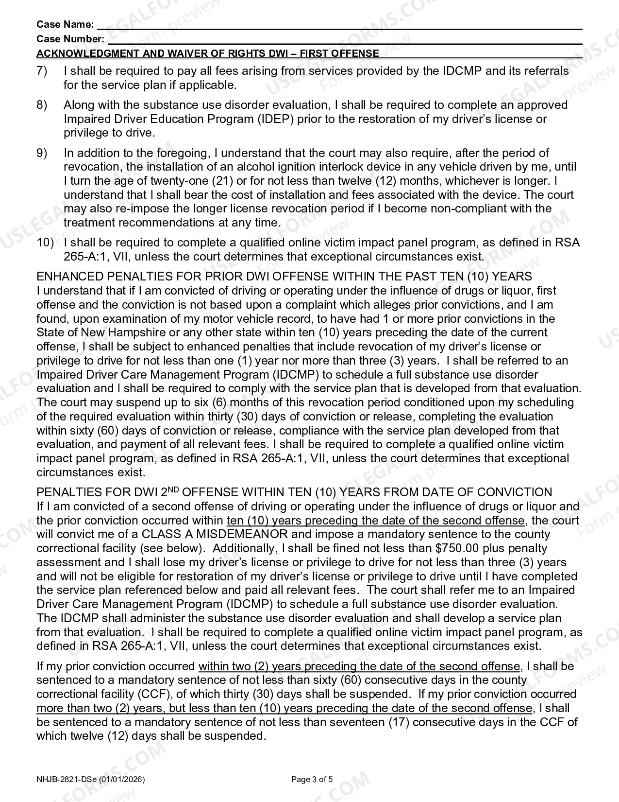 Preview Acknowledgment And Waiver Of Rights-DWI-First Offense-Class B Misdemeanor