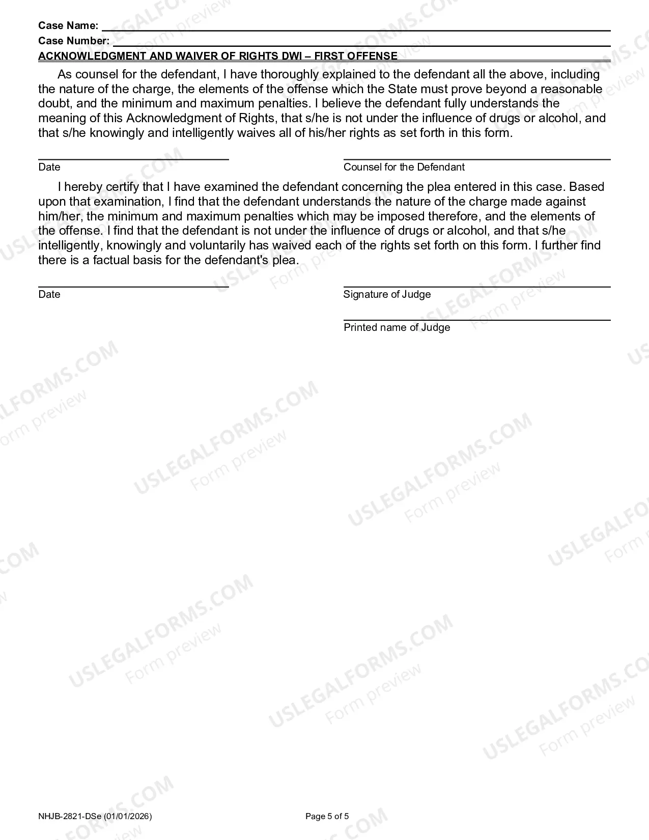 Preview Acknowledgment And Waiver Of Rights-DWI-First Offense-Class B Misdemeanor