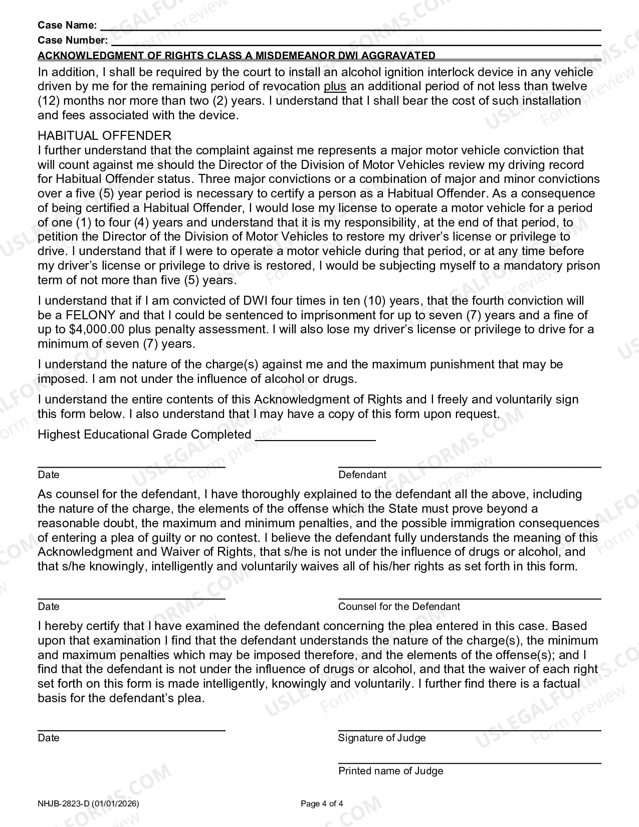 Preview Acknowledgment and Waiver of Rights - Class A Misd - DWI Aggravated