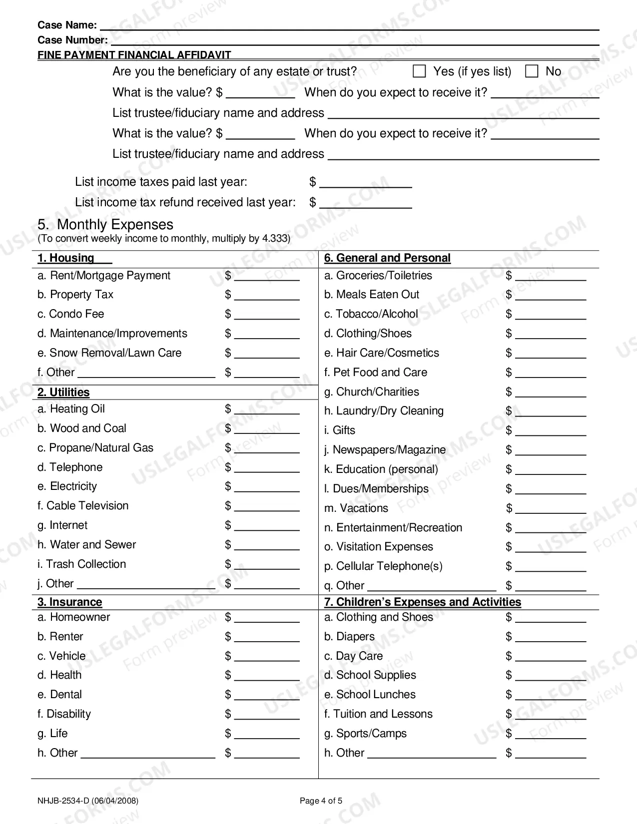 Preview Fine Payment Financial Affidavit