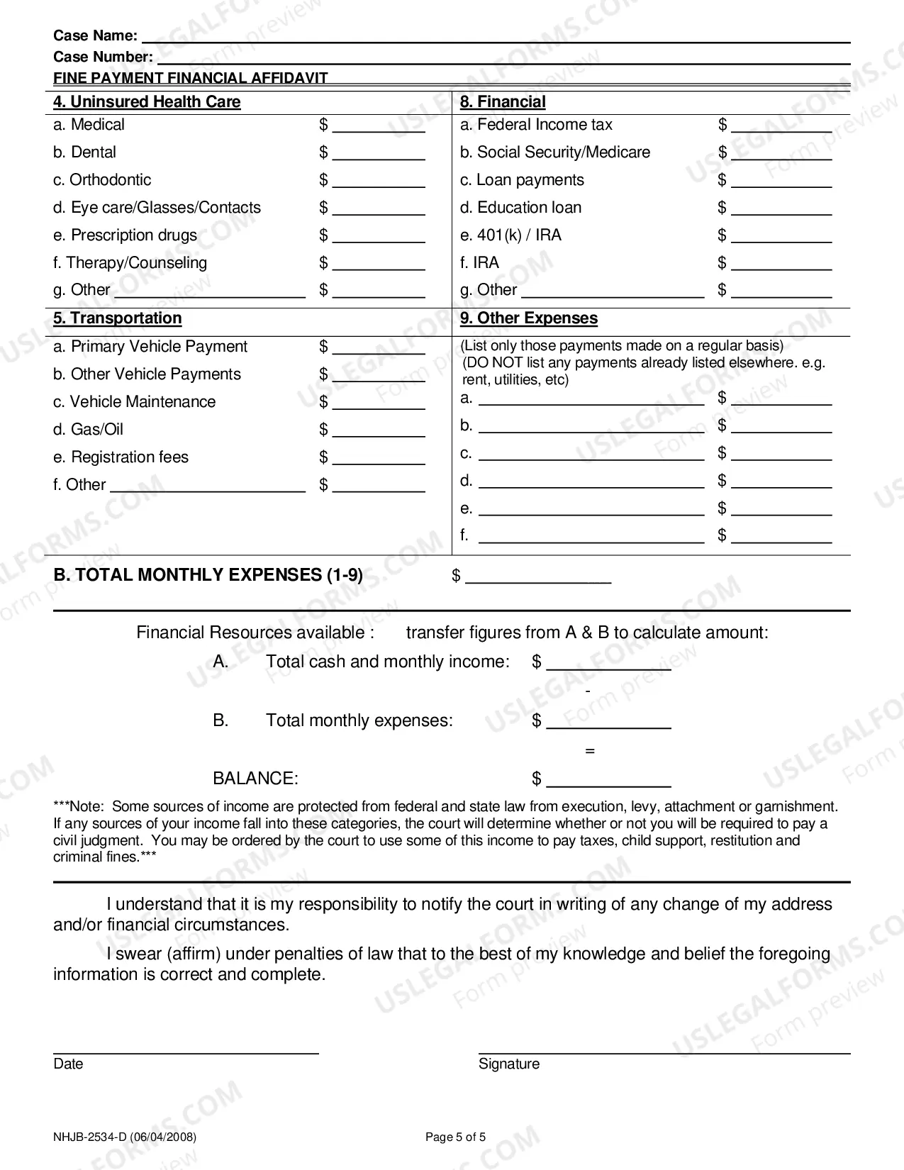 Preview Fine Payment Financial Affidavit