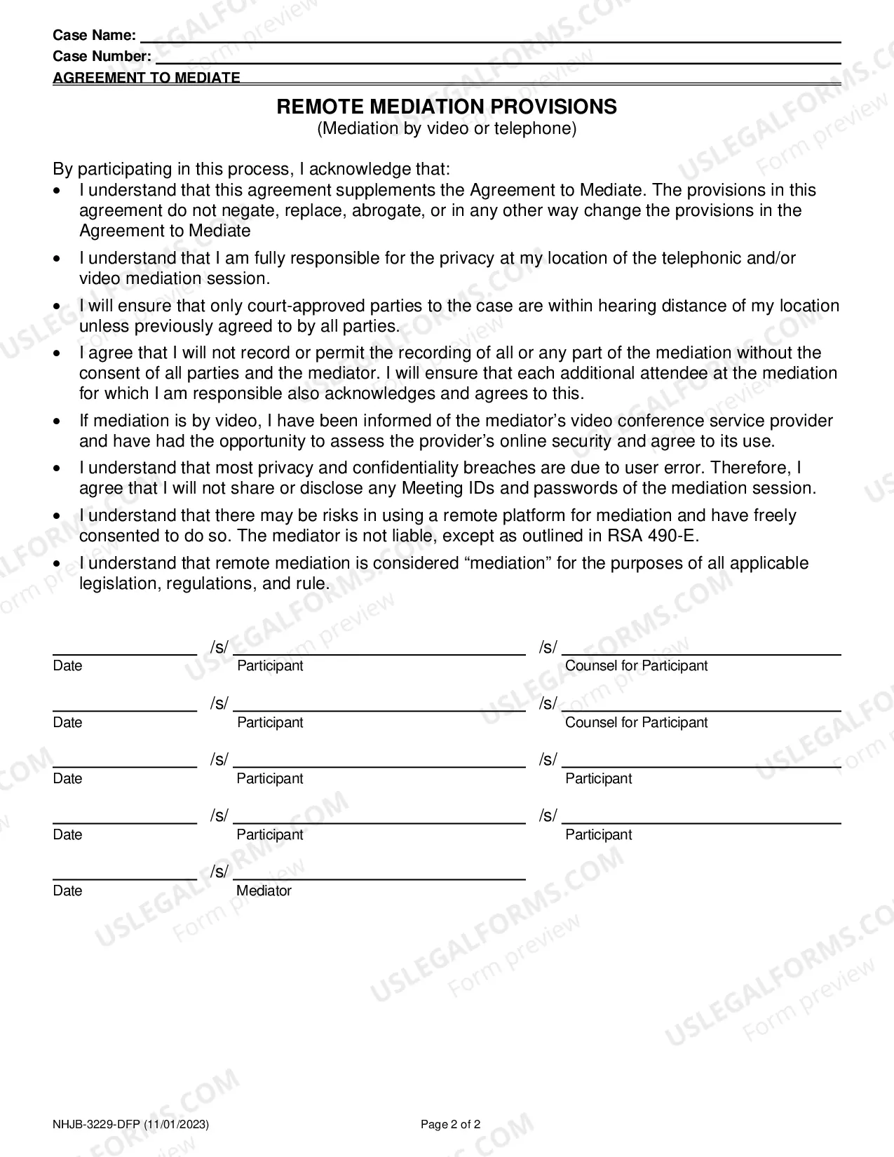 Preview Agreement To Mediate Or Reporting Form