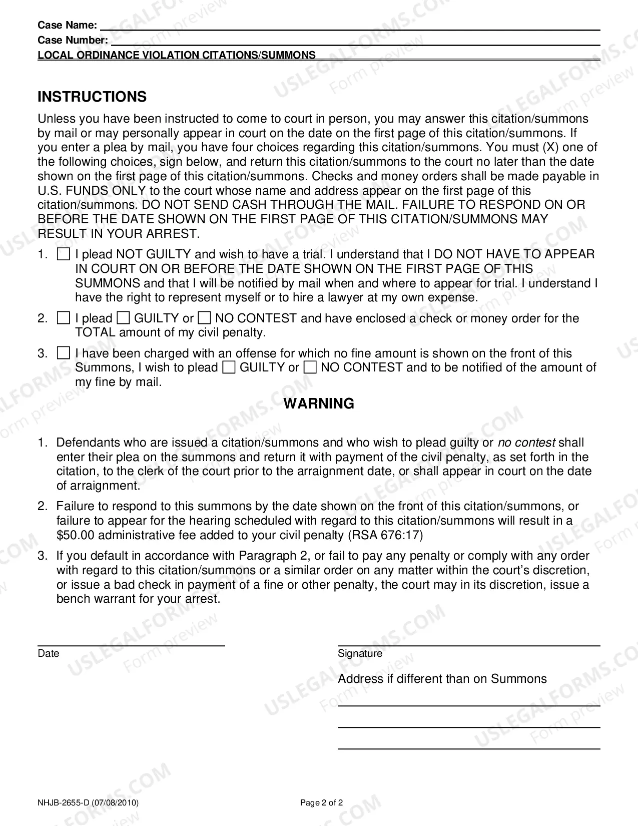 Preview Local Ordinance Violation Citation / Summons