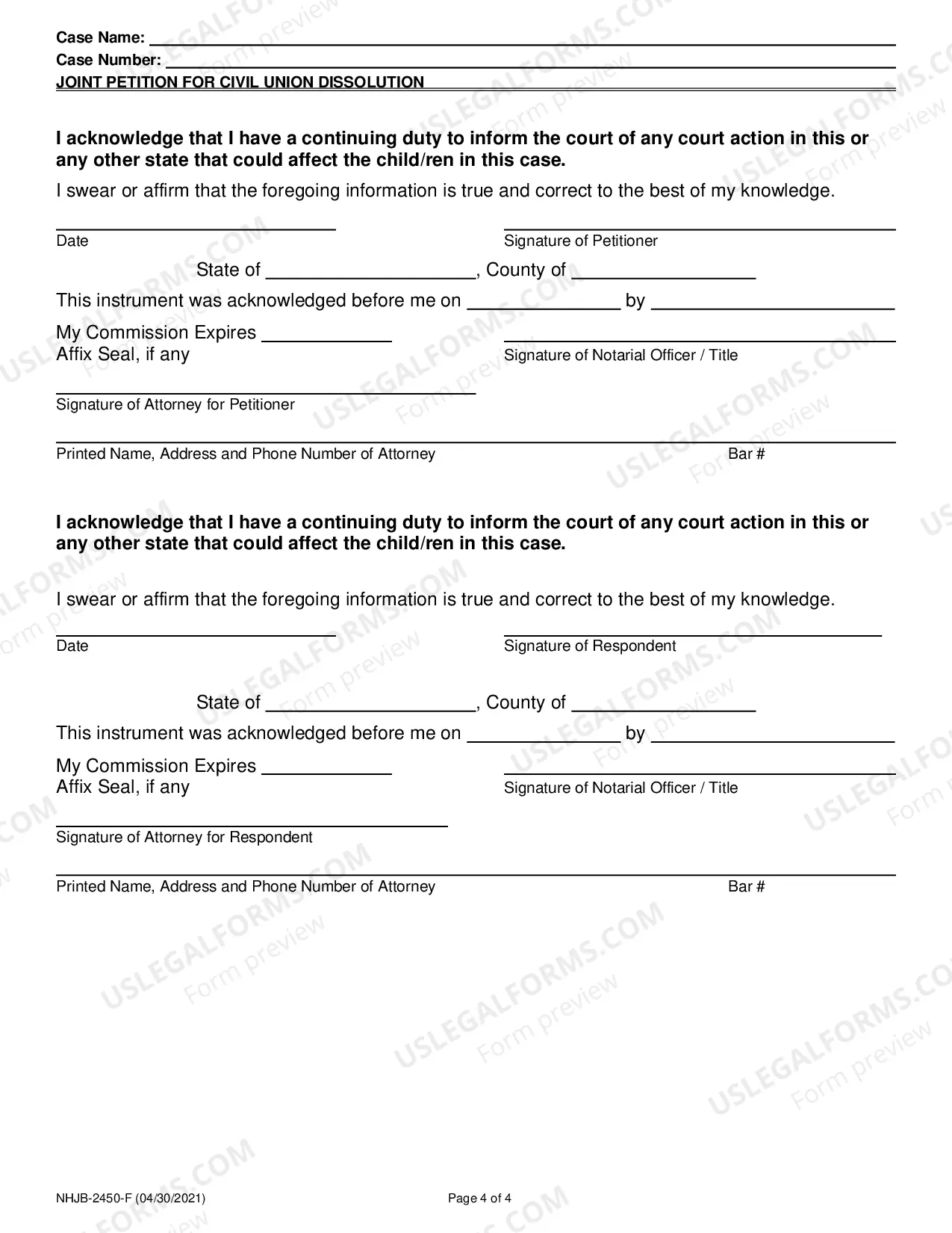 Preview Petition for Civil Union Dissolution(Joint)