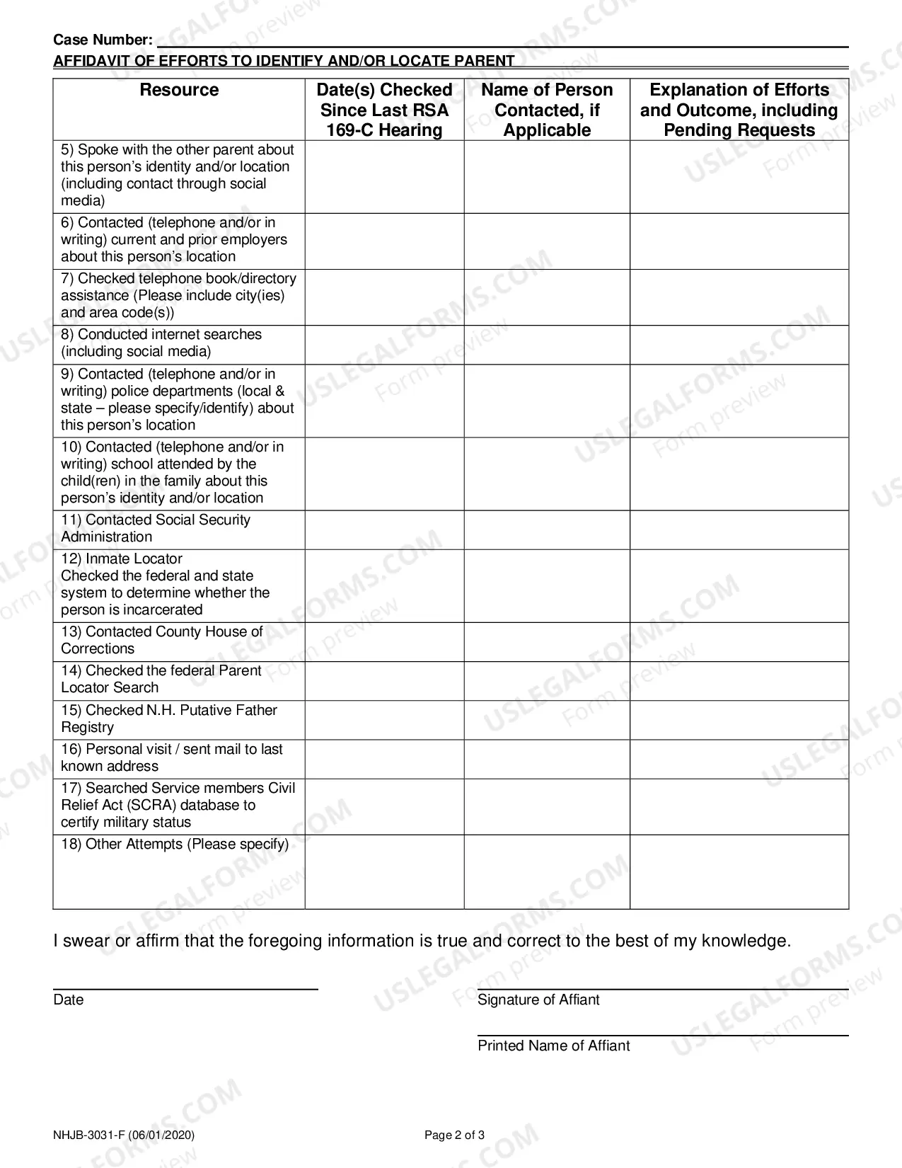 Preview Affidavit to Identify and/or Locate a Parent, Legal Guardian or Putative Father