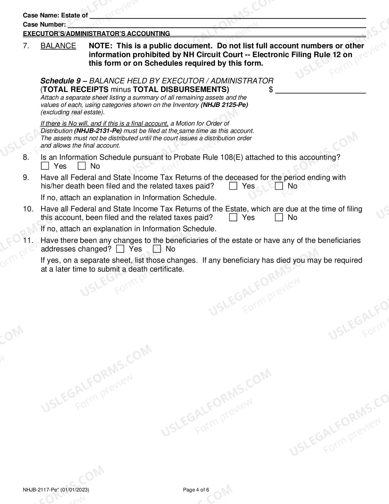 Preview Executor's / Administrator's Accounting- Efiling Only