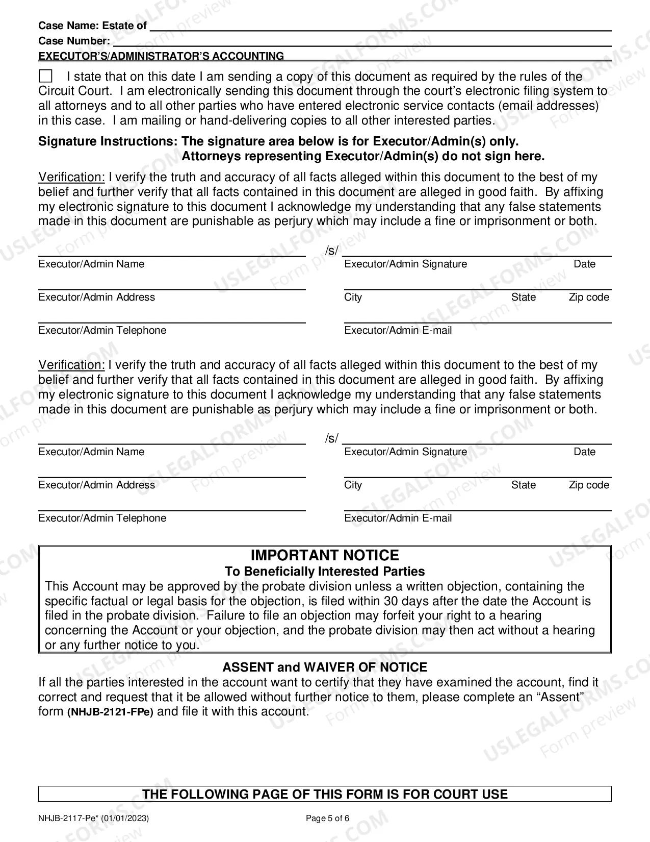 Preview Executor's / Administrator's Accounting- Efiling Only