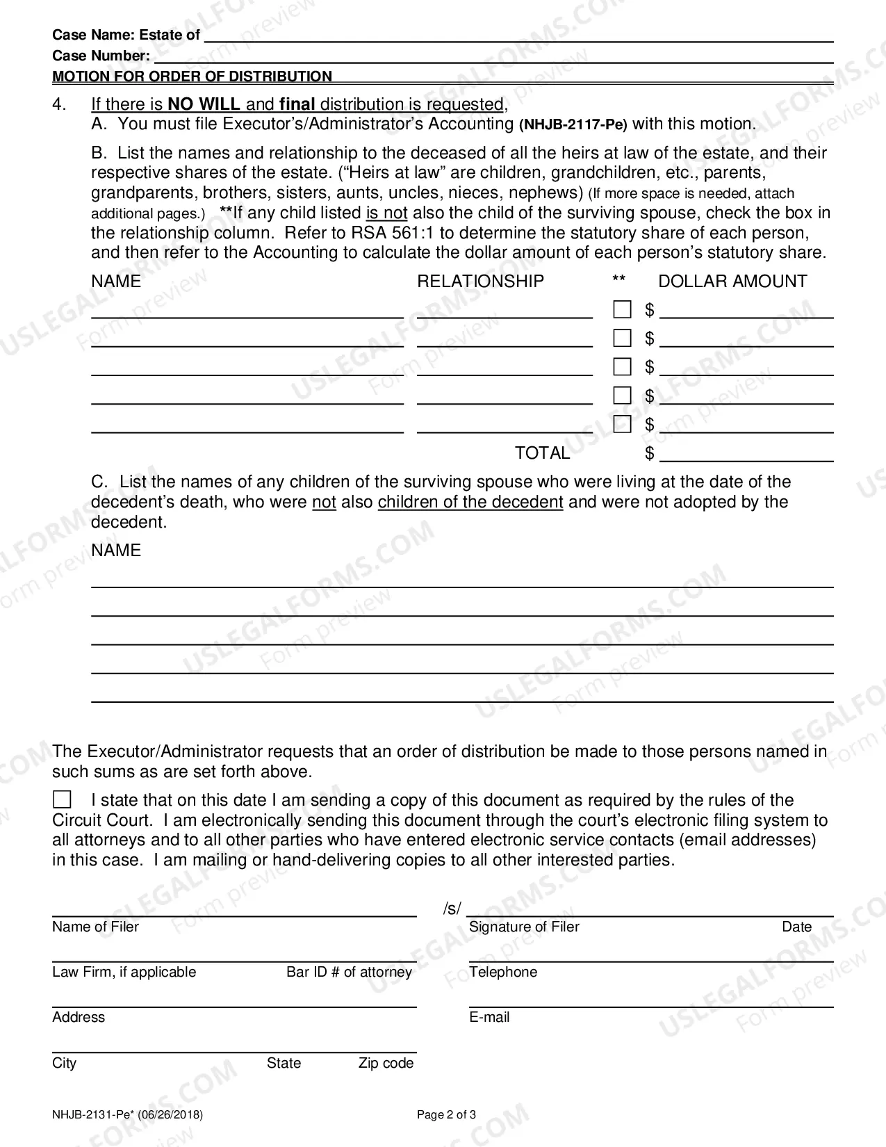 Preview Motion for Order of Distribution- Efiling Only