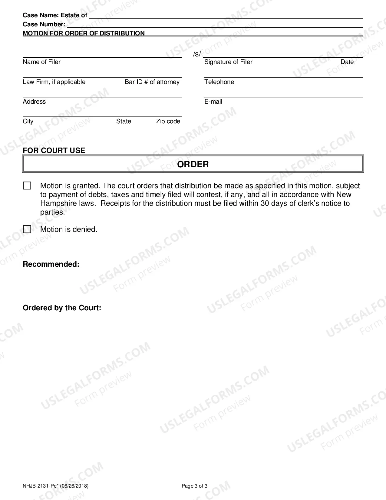 Preview Motion for Order of Distribution- Efiling Only