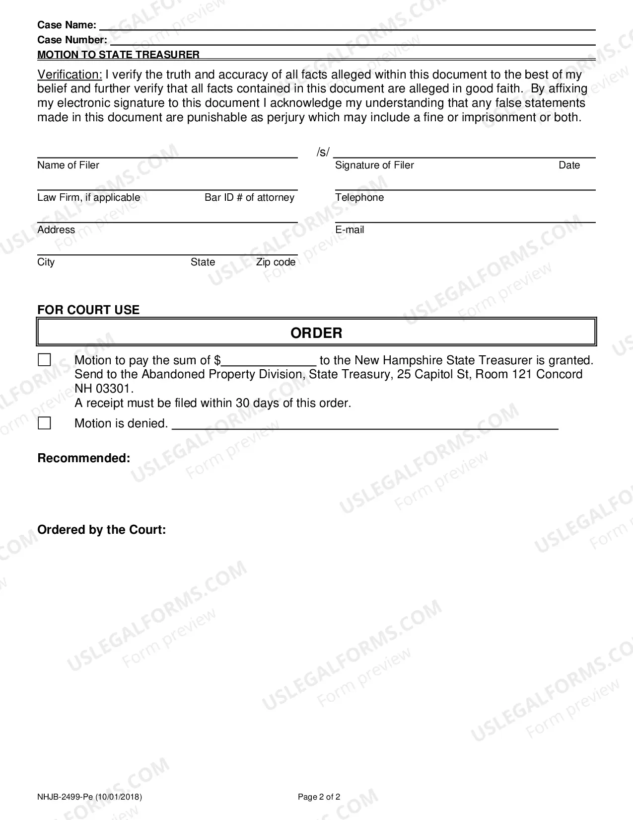 Preview Motion to pay State Treasurer for Property in Excess of $5,000- Efiling Only