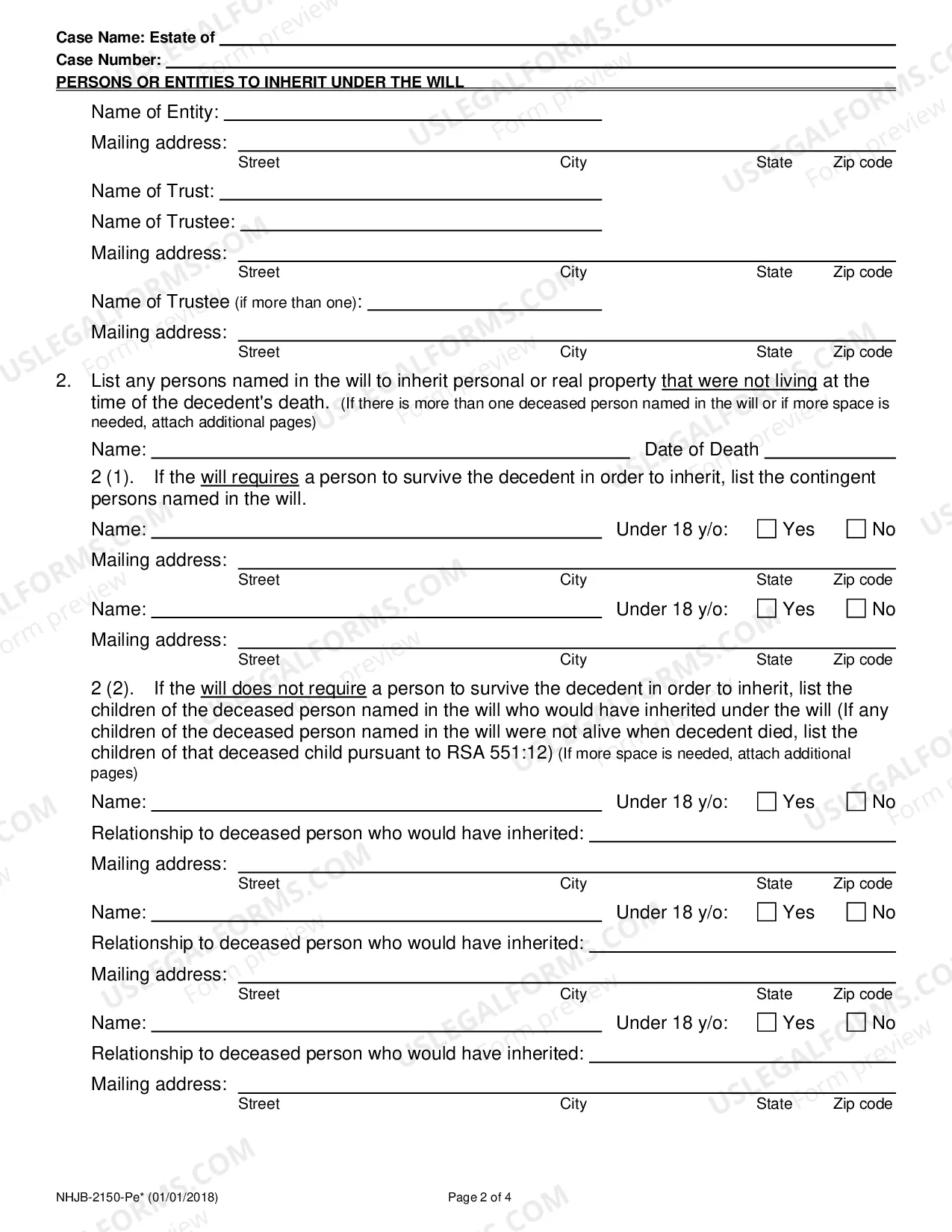 Preview Persons or Entities to Inherit Under Will