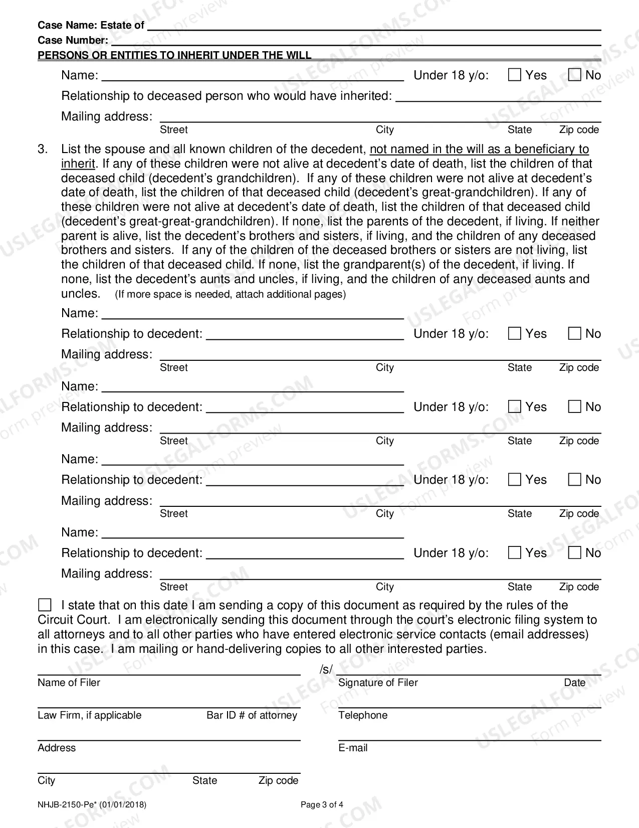Preview Persons or Entities to Inherit Under Will