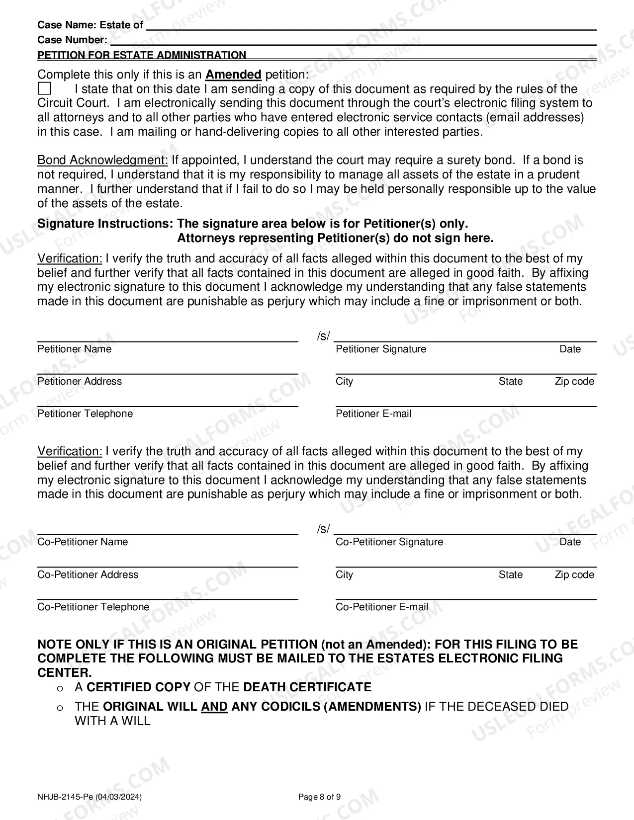 Preview Petition for Estate Administration- Efiling Only