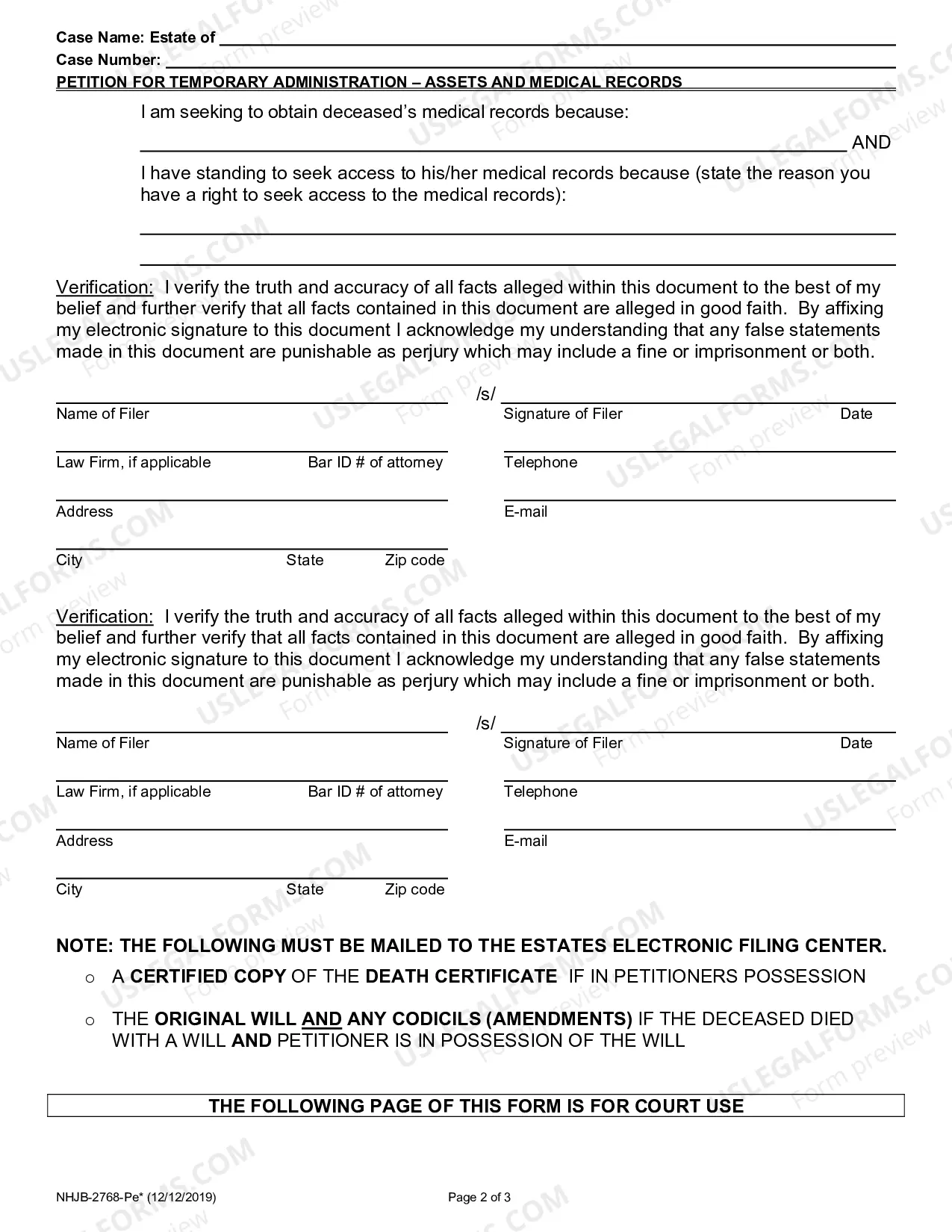 Preview Petition for Temporary Administration - Assets and Medical Records