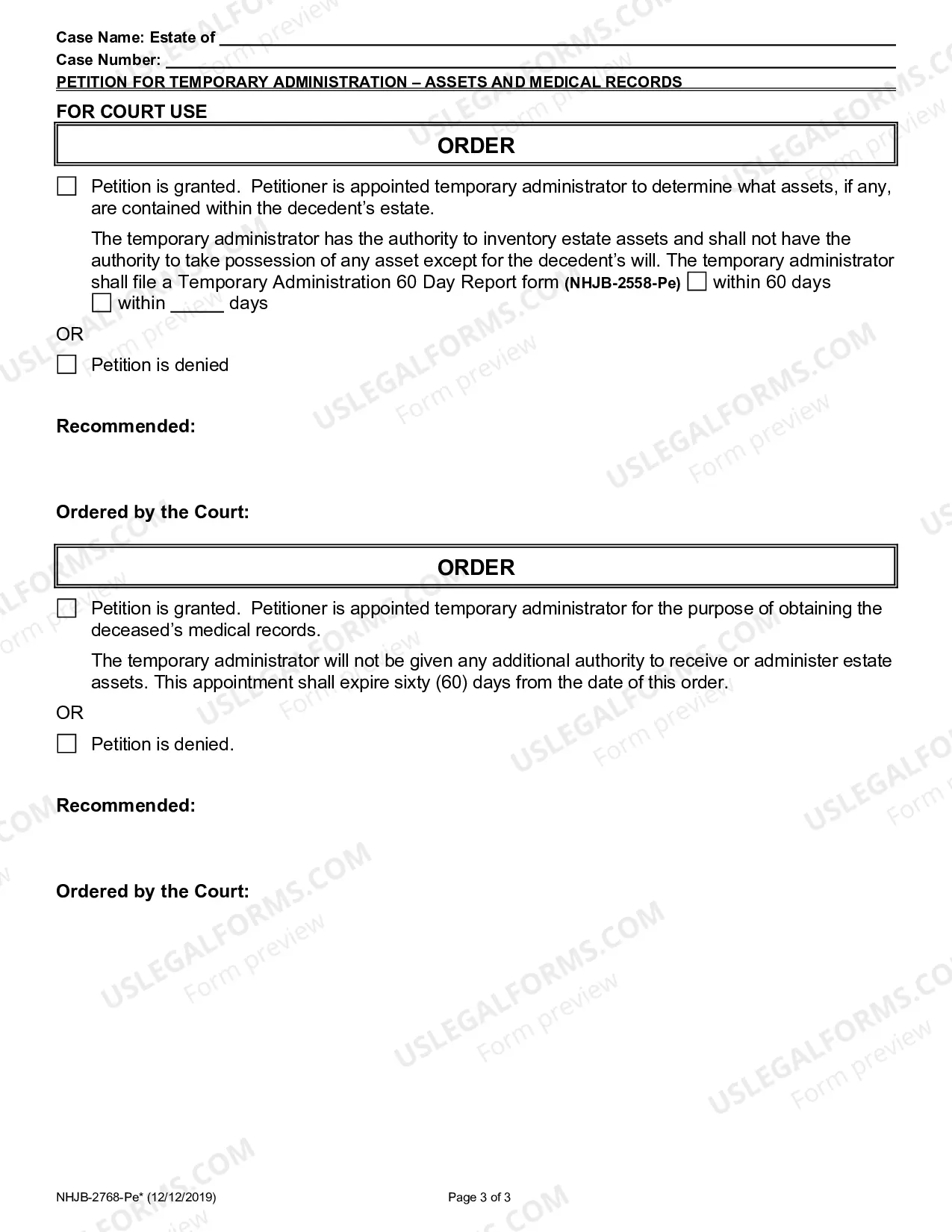 Preview Petition for Temporary Administration - Assets and Medical Records