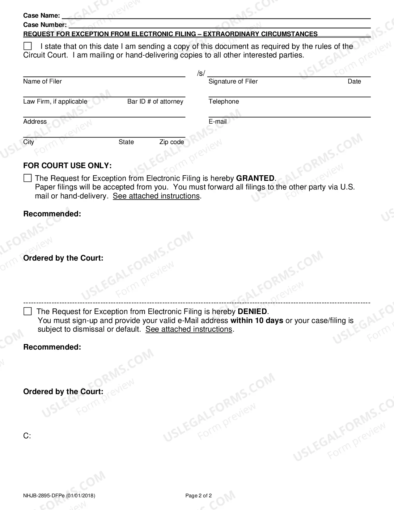 Preview Request for Exception from e-Filing - Extraordinary Circumstances