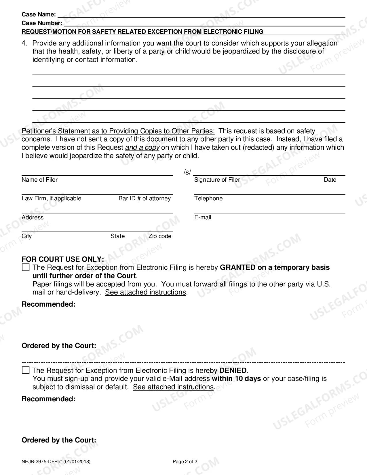 Preview Request for Exception from e-Filing - Safety Concerns