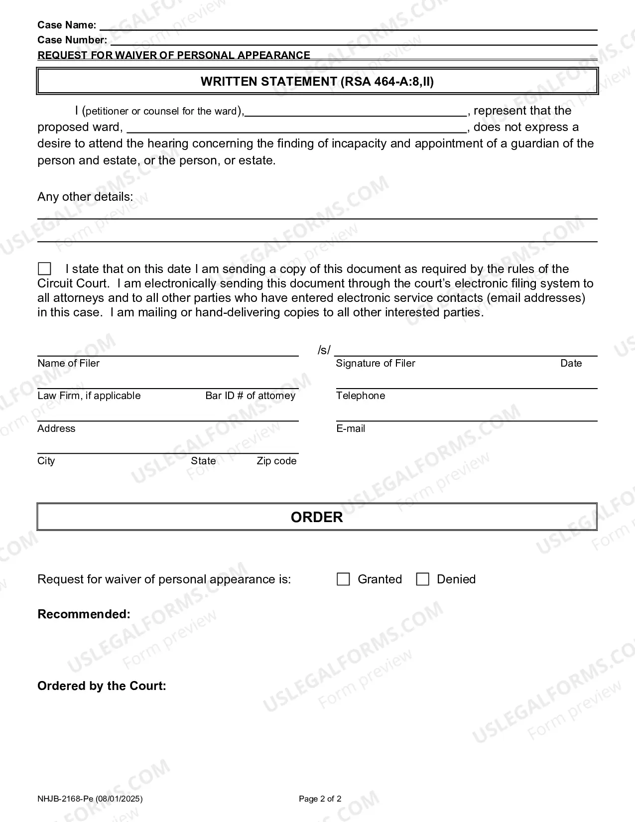 Preview Request for Waiver of Personal Appearance- Efiling Only