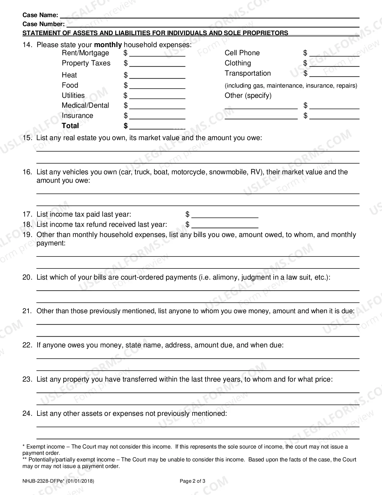 Preview Statement of Assets & Liabilities - Individual