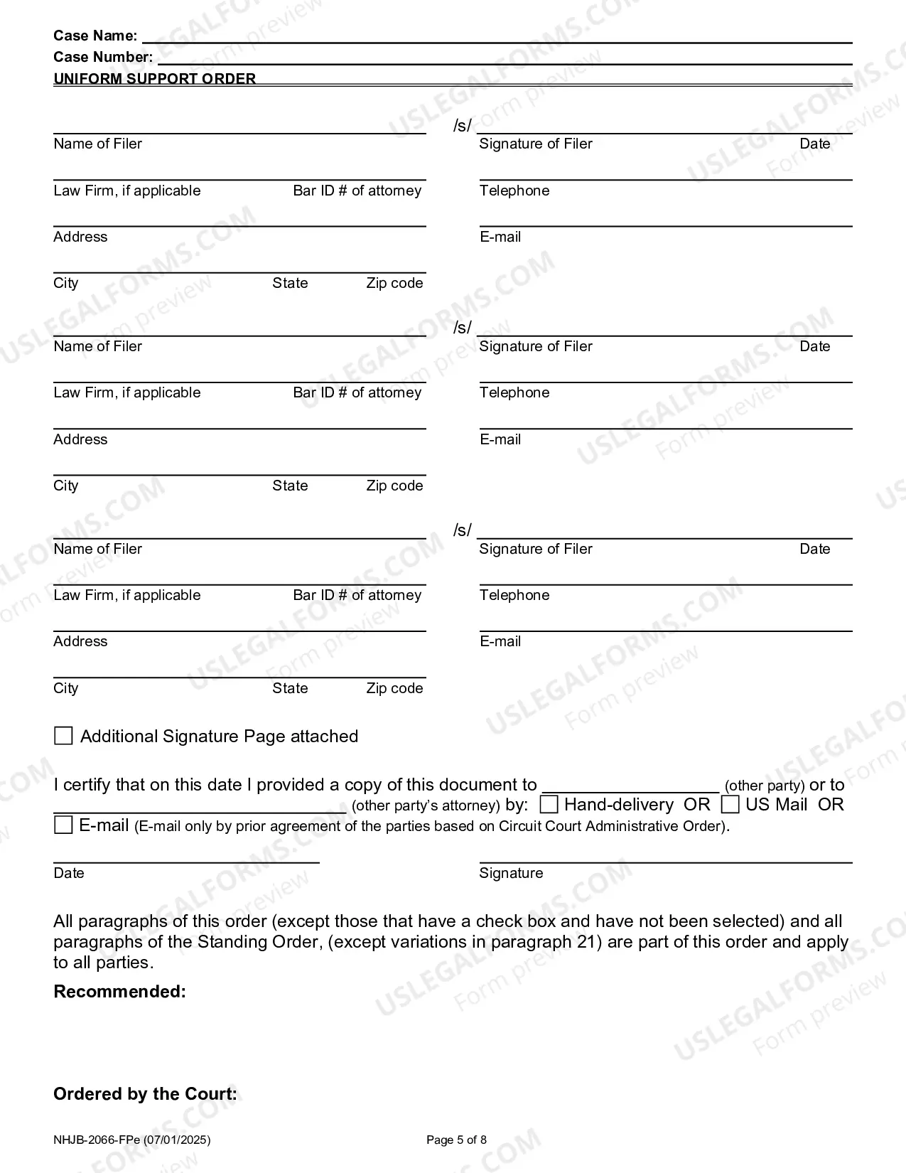 Preview Uniform Support Order- Efiling Only