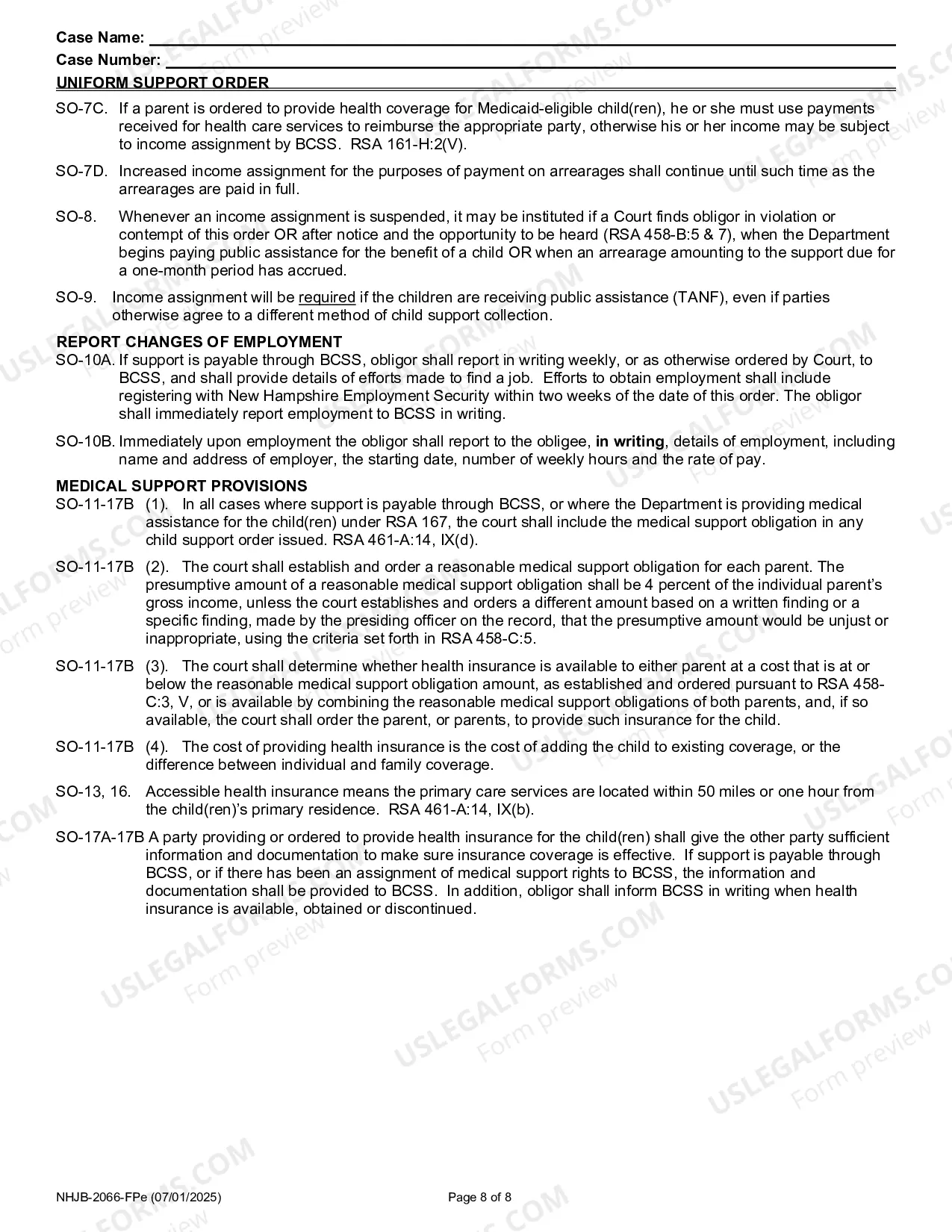 Preview Uniform Support Order- Efiling Only